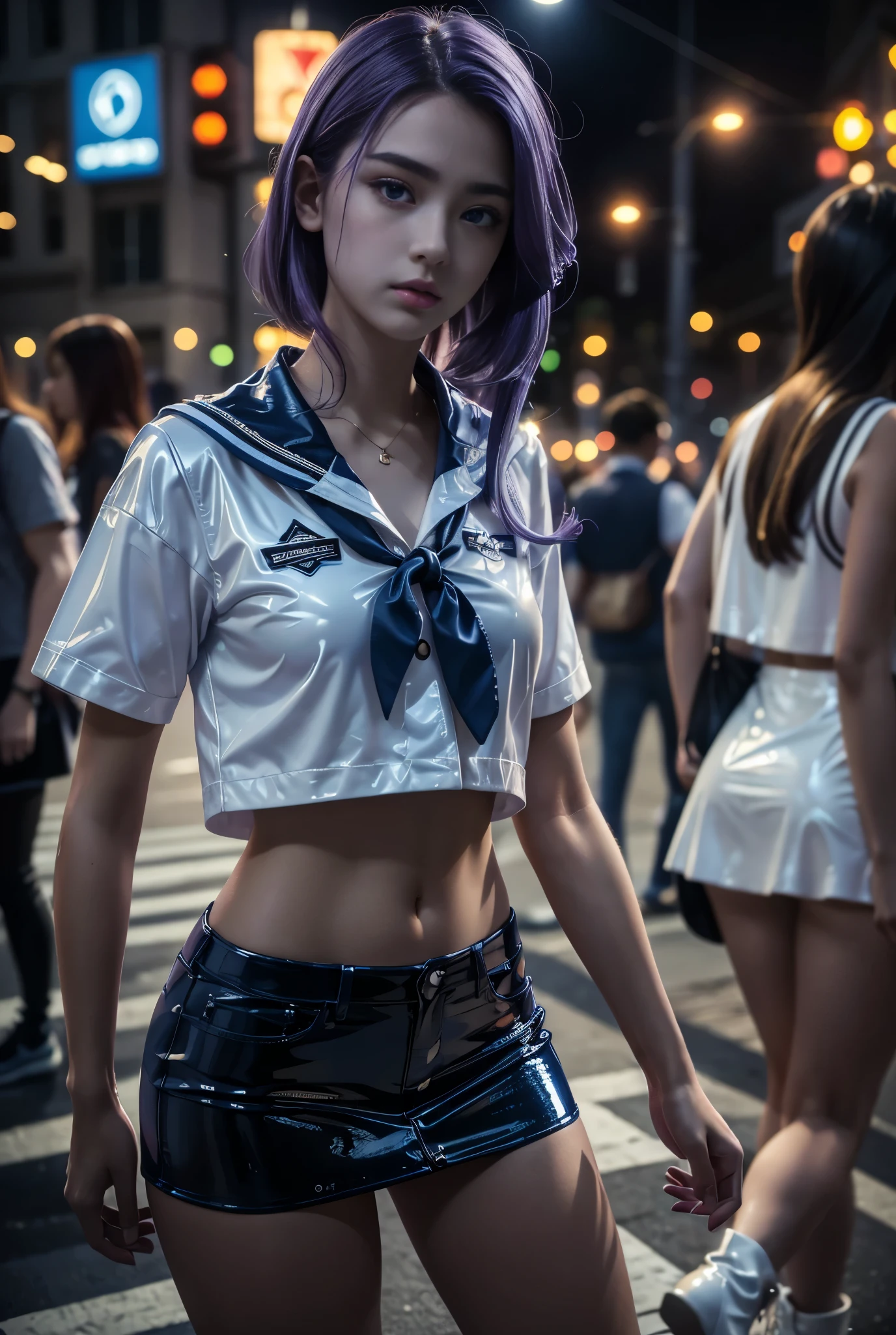 ( highdefinition images、Pro Work 、Artistic、's greatest masterpiece、 Draw Realistically Accurate with Detailed Details 、 Detailed texture :1.2)、( beautiful17--old l、Beautiful girl with purple hair、Small chin、 big eyes、 Feeling slightly apart between eyes 、(Blue Eyes、 big eyes)、 beautiful鼻、Thick lips、(Slim Full Body 、long legs and arms 、 white sailor suit、dark blue miniskirt、Figure of a female high school student 、White latex boots:1.4)、(( slender body、The background is a glowing digital type )):1.5)