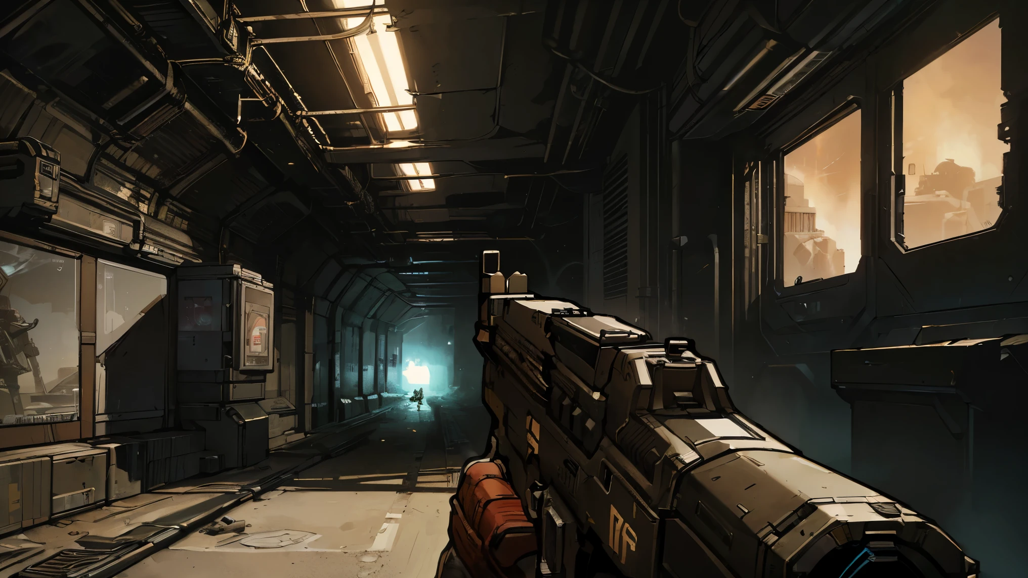 ((borderlands style art, Outliner Effect, first person shooter gameplay, fps game)), spaceship interior scene, dark environment, fps gameplay style, fury gun, high quality, 4k, ultra hd, (fps game shows a futuristic gun in the foreground)