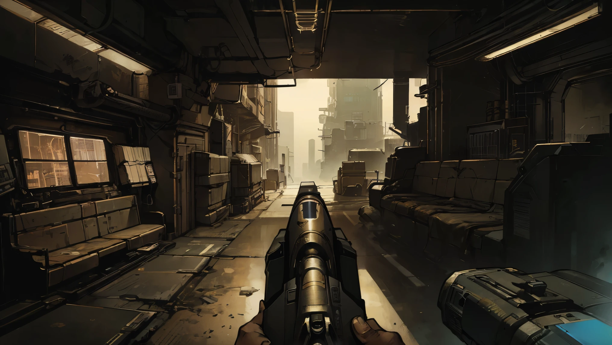 ((borderlands style art, Outliner Effect, first person shooter gameplay, fps game)), spaceship interior scene, dark environment, fps gameplay style, fury gun, high quality, 4k, ultra hd, (fps game shows a futuristic gun in the foreground)