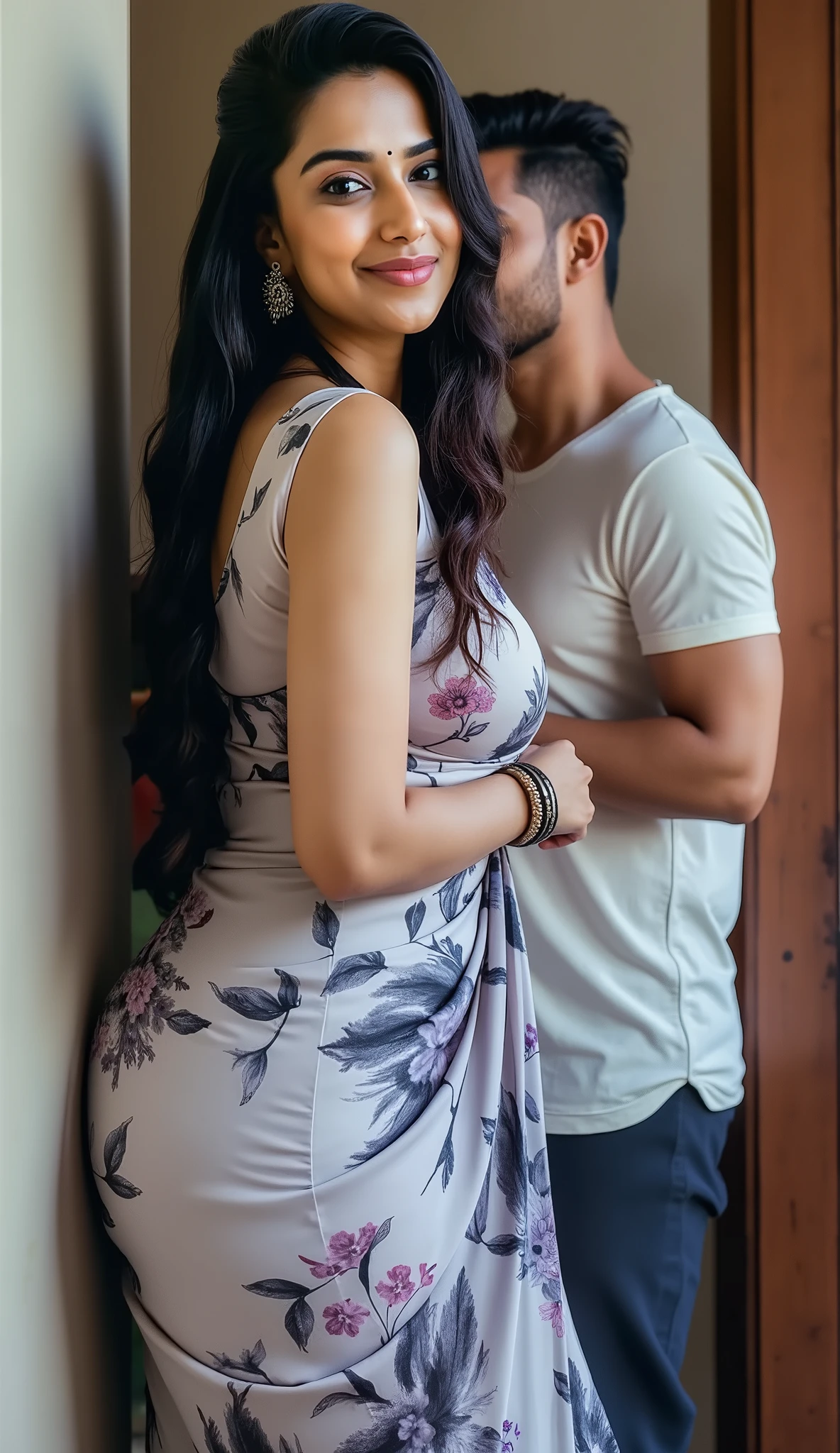 tall hot slim thick healthy white skin toned south indian white skin slim thick curvy girl with long down tied hair, big breast, big hip, big ass, thick thighs, woman wearing long multi black and white color sleepover georgette saree blouse dress, in apartment, ultra hd photo, 4k picture, looking at camera, man wearing shirt and pant, in indian house, dark skin indian rugged man from behind gagging putting his hand’s around woman’s breast pulling towards him inside the room, woman with small simple bindhi, woman and man looking at viewer, woman with a sexy black tattoo on her collarbone