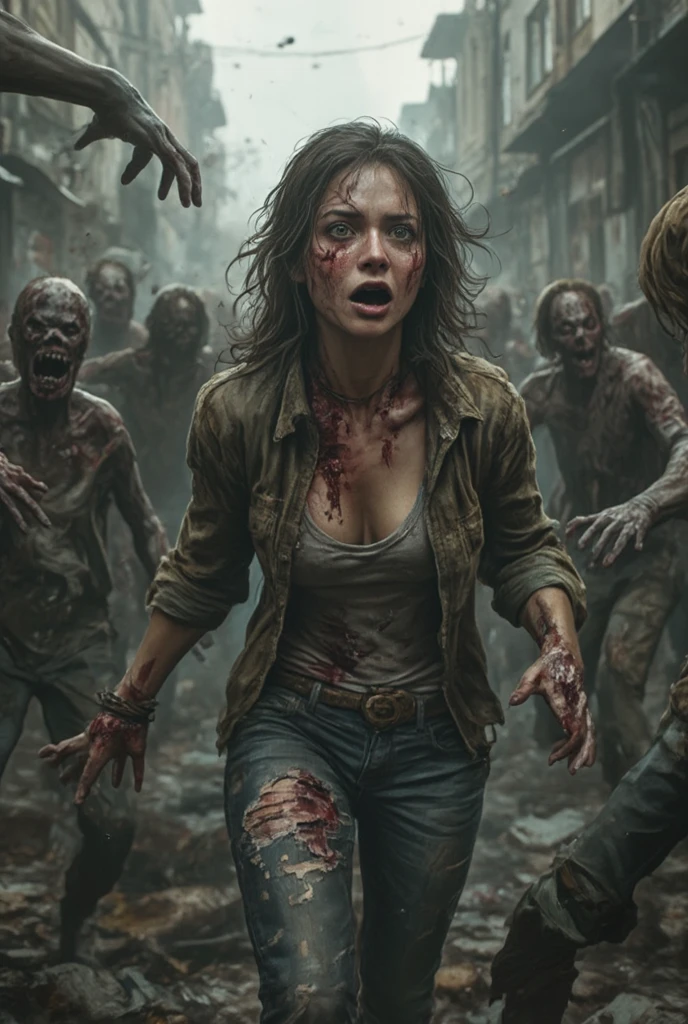 woman,spats,belly button,Tank top,slender,run away,Clothes are torn,Covered in scars,fear,Watery eye,Being chased by a horde of zombies,End of the World,Defects in the body,Expressway,traffic jam,Car accident,fire