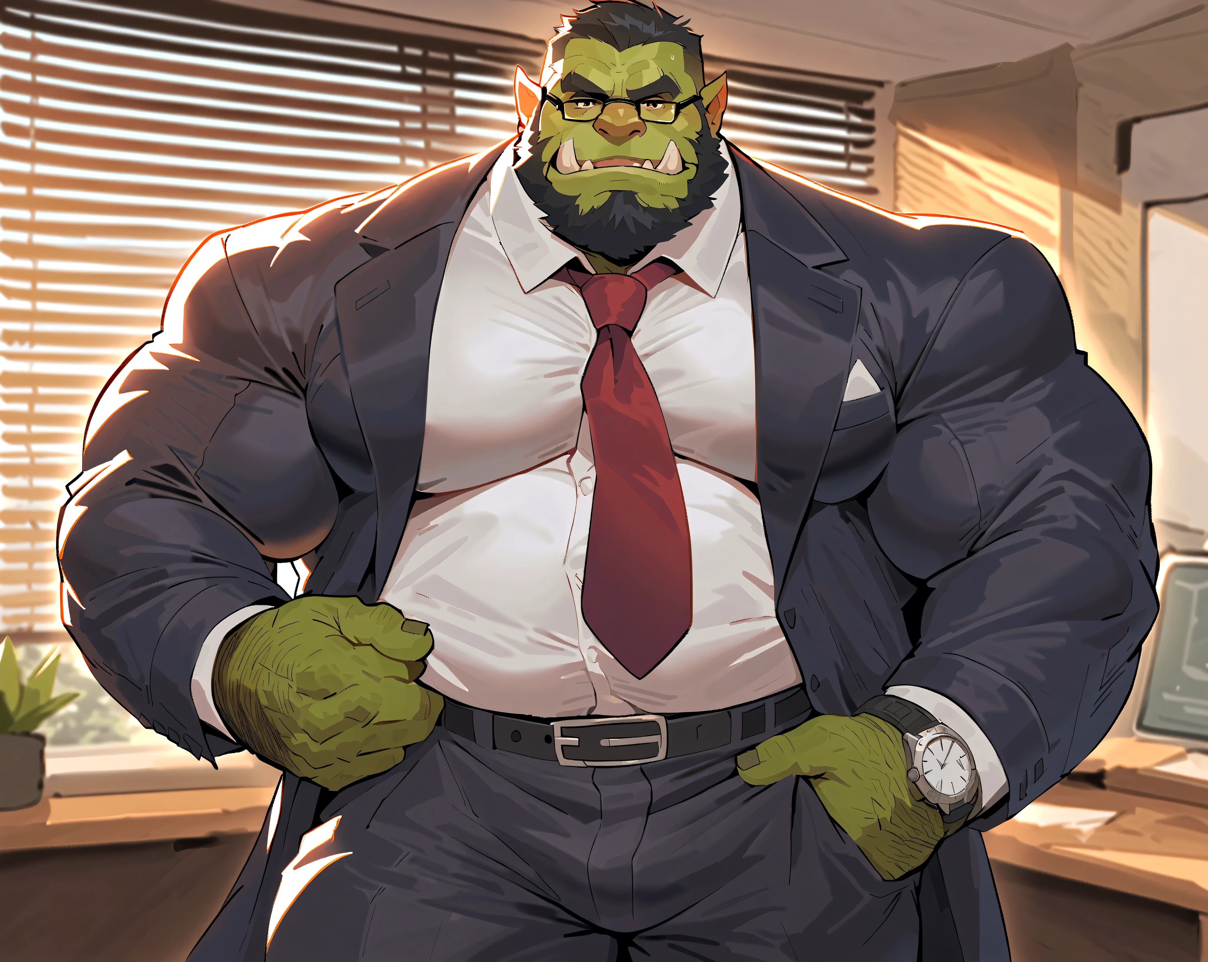 Green skinned bara orc, strong physique, very muscular with a belly, belly, alpha male, perfect anatomy, strong square jaw, masterpiece, black bushy beard, black eyes, thick black frame square glasses, lustful eyes looking at viewer, strong jaw, giant biceps, long sleeve white dress shirt, oversized loose fitting button shirt, military orc daddy, small belly, no six pack muscles, solo, in oversized office slacks, fully clothed, wide leather belt, red tie, oversized suit jacket, oversized fitting black suit, oversized suit jacket, watch on wrist, big muscle ass, great indoor lighting, hairy, king Orc, very manly, boss at work theme, office background, sun shining in from the office window blinds, playful expression, professional