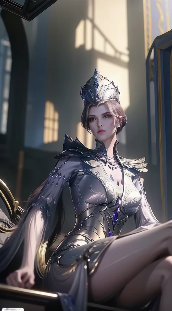 1girll, 独奏, tmasterpiece, CG, 8K, RAW photogr, pic, simple backgound, (looking at the camera in:1.2), Cowboy shooting, standing on your feet, posing on a, Hyper detailed skin, (Super detailed face:1.2), eyeslashes, Black eyeliner, black eyeshadows, tiara crown, braidedhair, Tattoo on the forehead, short detailed hair, Golden hair, pony tails, beaturiful body, detailed outfits, long skirt, High slit, Separate the sleeves,big cleavage breasts, white stockings, kneeboots,