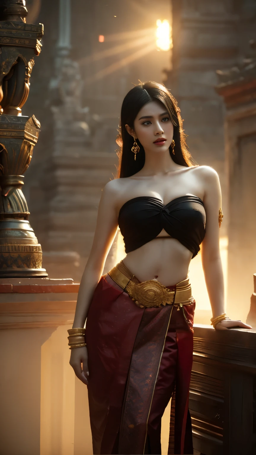 beautiful girl ,Thailand Female Warior, walking at thai temple, dynamic poses, chut thai dress, strapless shirt, long hair,black eyes,abdominal muscles, plumpy body, rounded breast, (big breast:1.3), cleavage, Morning sunshine, Eyes on the audience, (sexy poses), ((face details)), Double eyelids, reeds, realistic, masterpiece, highest quality, lens flare, shade, old temple, temple, [[chromatic aberration]], by Jeremy Lipking, by Antonio J. Manzanedo, digital painting, HDR, high contrast
