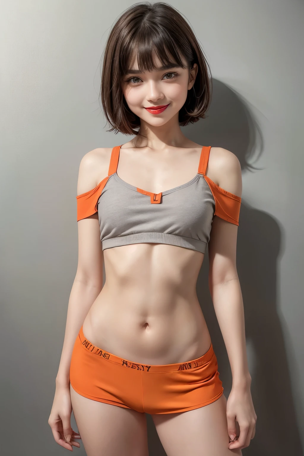 Cute girl, (full body view), cute tomboy, (18yo), upper body, slim waist, sexy pose, naugthy face, bangs, random Short hairstyle, navel, off shoulder, seductive smile, wear orange sexy underwear, gray background, (red lipstick), mini top (flat chest:1.45).