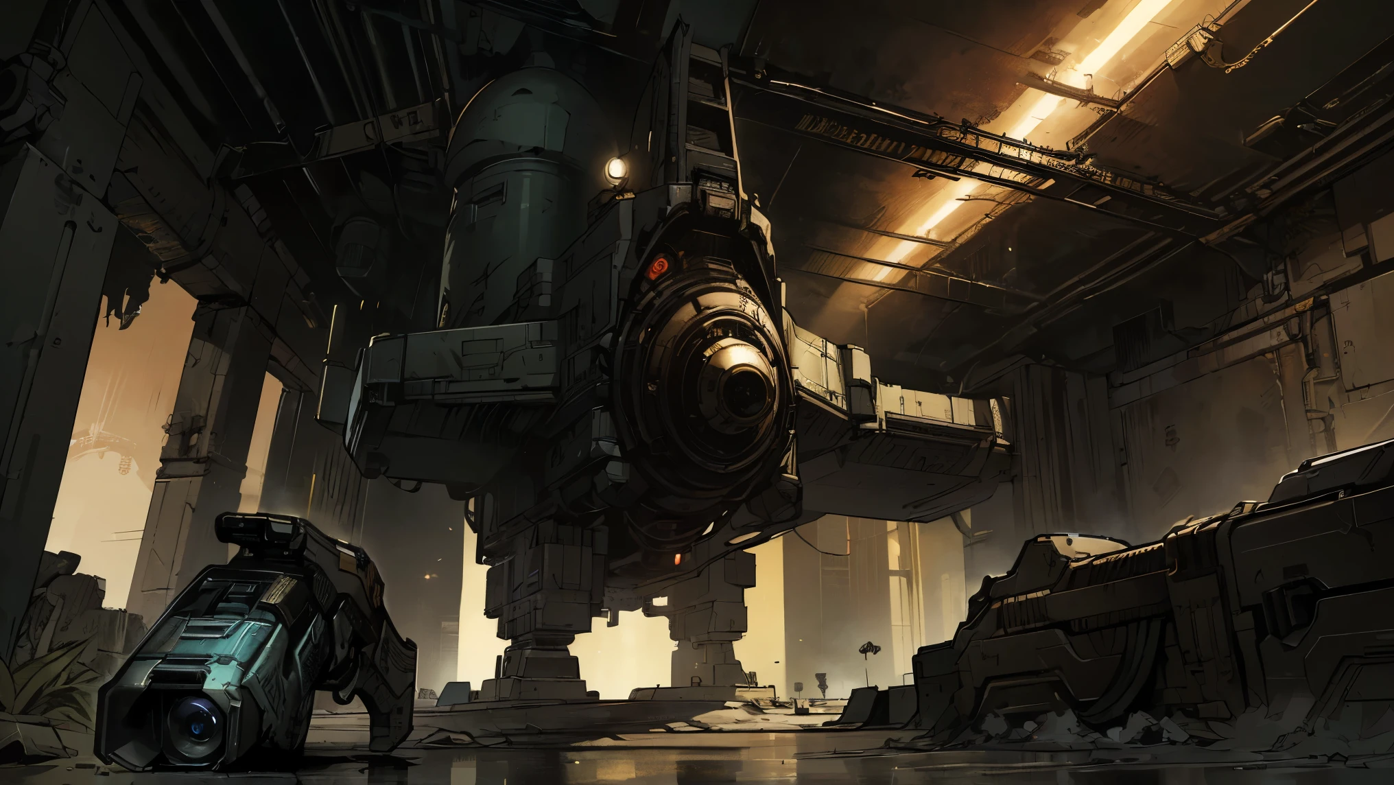 ((borderlands style art, Outliner Effect, first person shooter gameplay, fps game)), spaceship interior scene, dark environment, fps gameplay style, fury gun, high quality, 4k, ultra hd, (fps game shows a futuristic gun in the foreground)