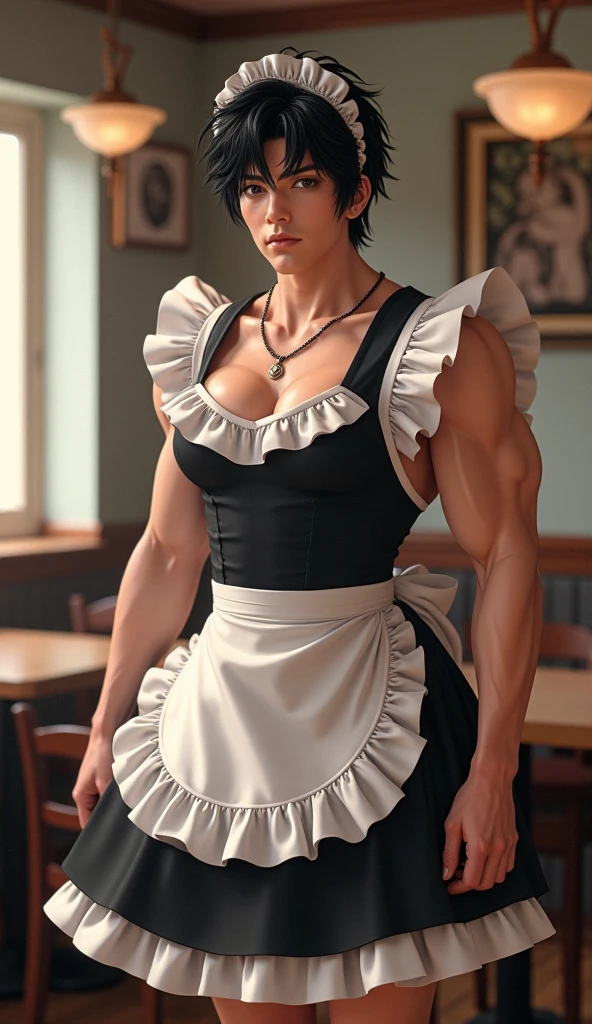 (masterpiece, realistic, detailed:1.2), young asian girl, (hypermuscle:1.5), skimpy maid outfit, (embarrassed expression:1.2), small waist, massive thighs, gigantic ass, (realistic face:1.2), (huge lips), crowded maid cafe,