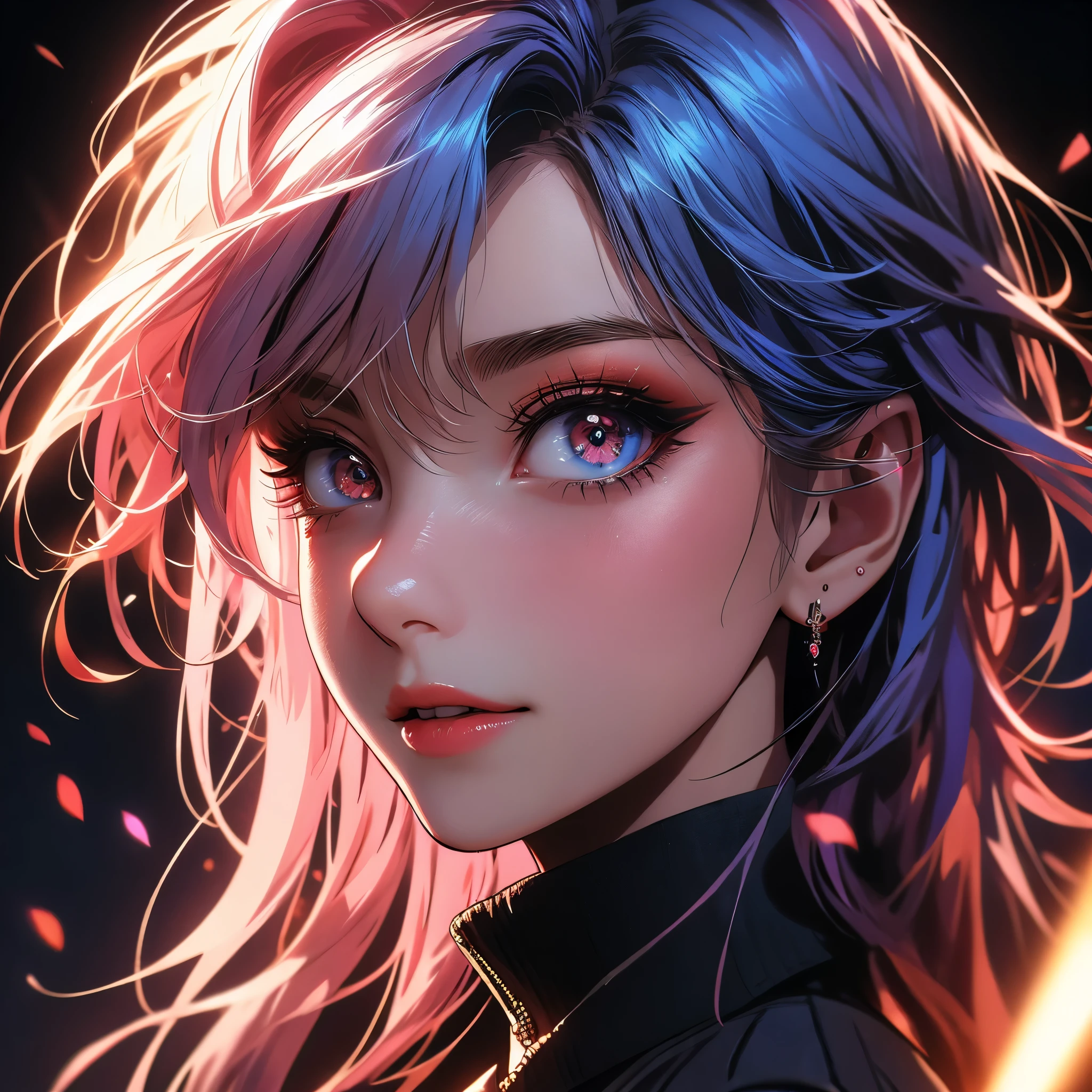streaked hair, multicolored hair, colored inner hair, braid, glowing eyes, makeup, light smile, depth of field, blurry, accurate, masterpiece, retina, textured skin, super detail, high details, high quality, award winning, best quality, highres, 1080P, HD, 4K, 8k, 16k, Pink jacket, red tie, white shirt, office, pose, sexy pose, (highest quality, High definition: 1.2). (perfect details: 1.1), (beautiful and clean background: 1.2), (extremely detailed CG, ultra detailed, best shadow: 1.1), (exquisitely drawn beautiful eyes), (full-length 1.1)
