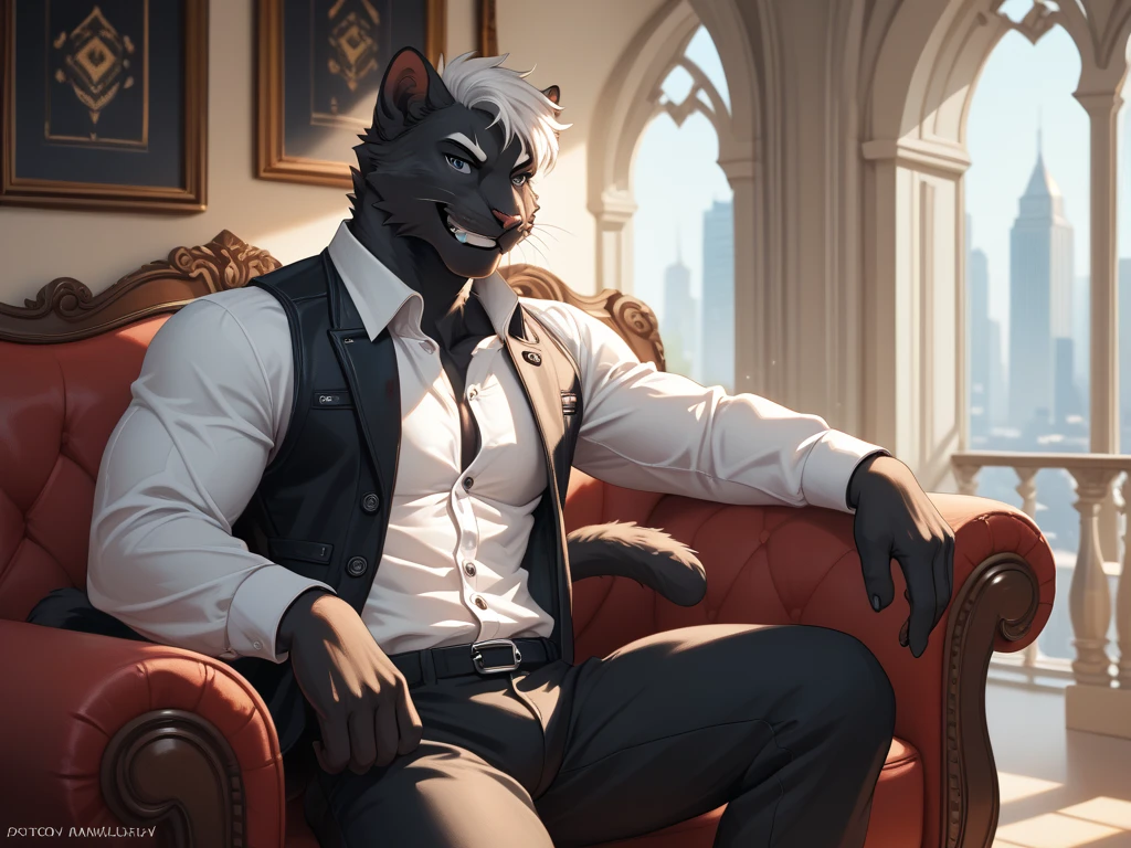 detailed face, detailed eyes, adult male, panther caroso, solo, sitting in an armchair with crossed legs, nude, naked, black body, body completely in black, yellow sclera, pink nose, sexy, seductive, flirting, flirtatious, holding rose,