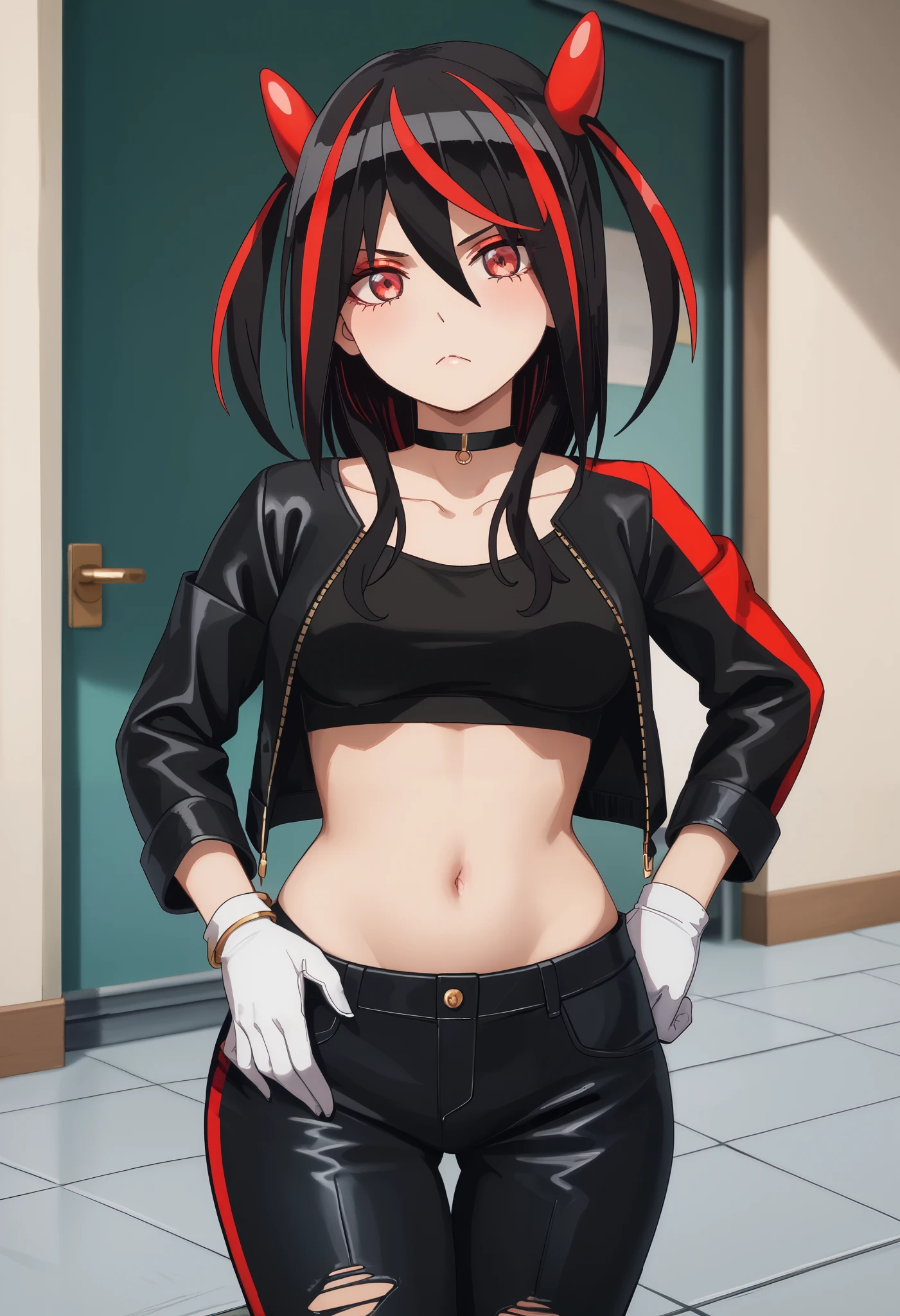 Score_9, Score_8_up, Score_7_up, bright skin: 0.1, anime_source, deep skin, high quality, high resolution, (curvy), ((wide hips)), medium breasts, cute, sexy, 1 girl, BREAK HaneruEmi, HaneruEmi, long hair, black hair, red highlights, red eyeshadow, red eyes, spiky hair, hair between eyes, side locks, black crop top, open jacket, black leather jacket, horns, choker, gold bracelet, black leather pants, white gloves, white shoes, two-tone sneakers, black stockings, abdomen, (single, (sexy pose), open leg, seduce, excite, flirt, sexual, look at viewer, frown, tease)