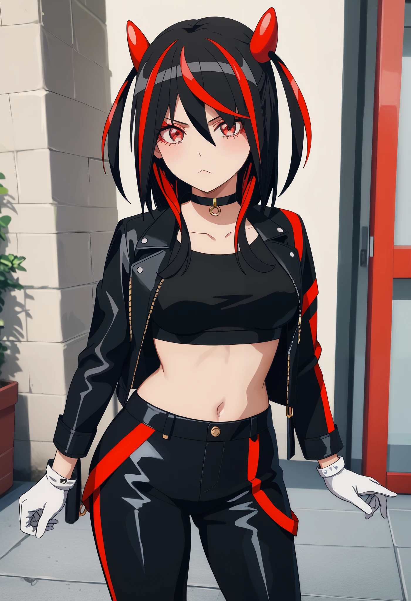 Score_9, Score_8_up, Score_7_up, bright skin: 0.1, anime_source, deep skin, high quality, high resolution, (curvy), ((wide hips)), medium breasts, cute, sexy, 1 girl, BREAK HaneruEmi, HaneruEmi, long hair, black hair, red highlights, red eyeshadow, red eyes, spiky hair, hair between eyes, side locks, black crop top, open jacket, black leather jacket, horns, choker, gold bracelet, black leather pants, white gloves, white shoes, two-tone sneakers, black stockings, abdomen, (single, (sexy pose), open leg, seduce, excite, flirt, sexual, look at viewer, frown, tease)
