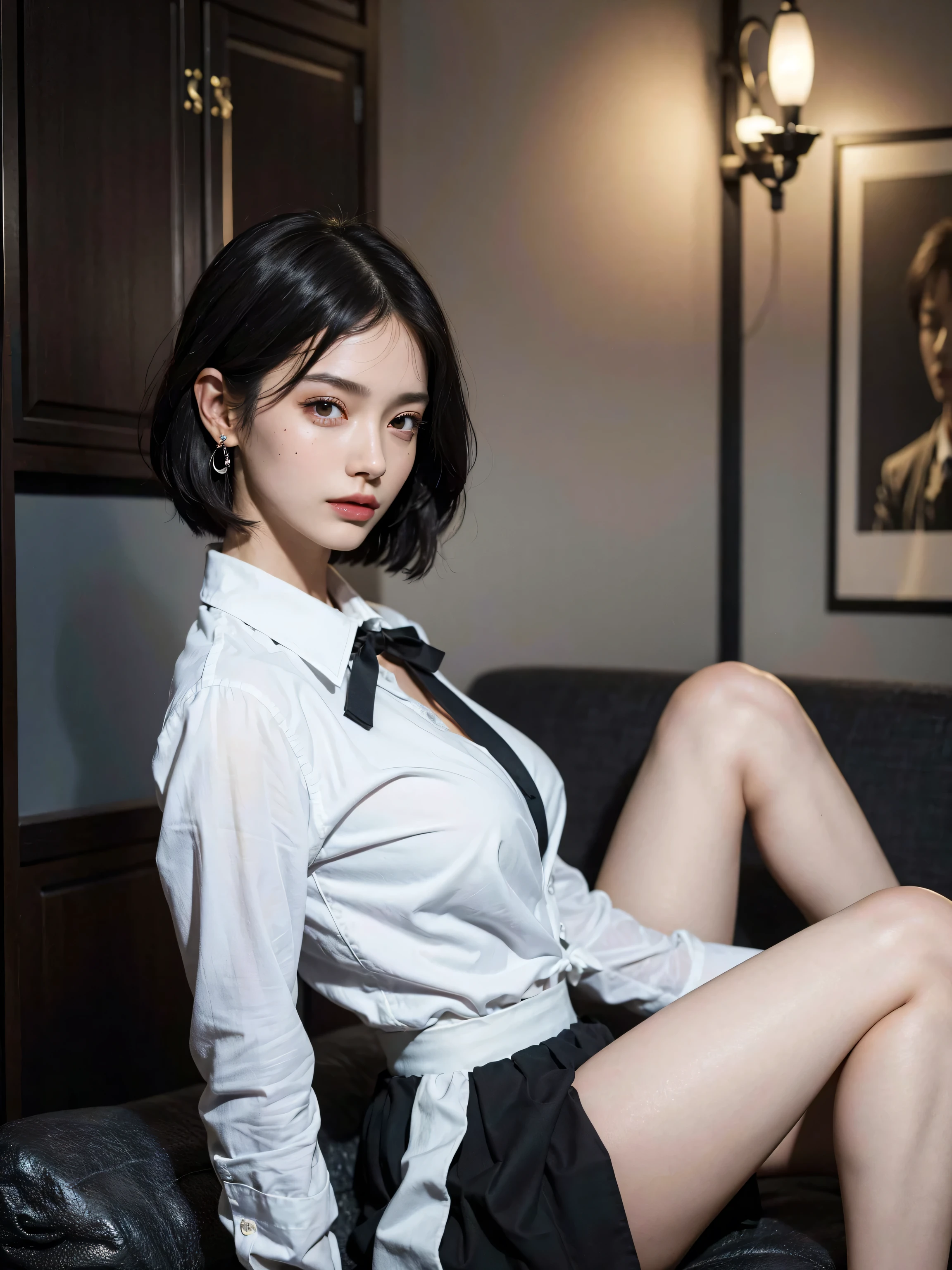 Mallory Malone's costume description is very detailed and、、、、、、、、、、、Features a unique and interesting style. Upper body in underwear、A fitted black knee-length skirt with red accents creates a striking visual contrast. The addition of a black heel with ankle strap is、Adds a classy touch to the look. Apart from clothes, Vintage 1950s Bob Hairstyles、Adds a retro and timeless element to Mallory Malone's style. This type of hairstyle is、Known for its neat and short appearance, Typically、Jaw length with both ends turned inward. This hairstyle selection is、Add a vintage touch to the look、Complements Mallory's overall style. Makeup also plays an important role in the appearance of Mallory Malone. Although there are no specific details about makeup mentioned in the description, It is possible to imagine that she may be rocking a 1950s-inspired look.More radical poses,I see underwear,More radical poses,low angles,Underwear is visible from the skirt,Chest exposed,Posing like a man excites,Sit on a chair and spread your legs wide,Exposed white underwear,Chest exposed,Top image quality,High-definition face,