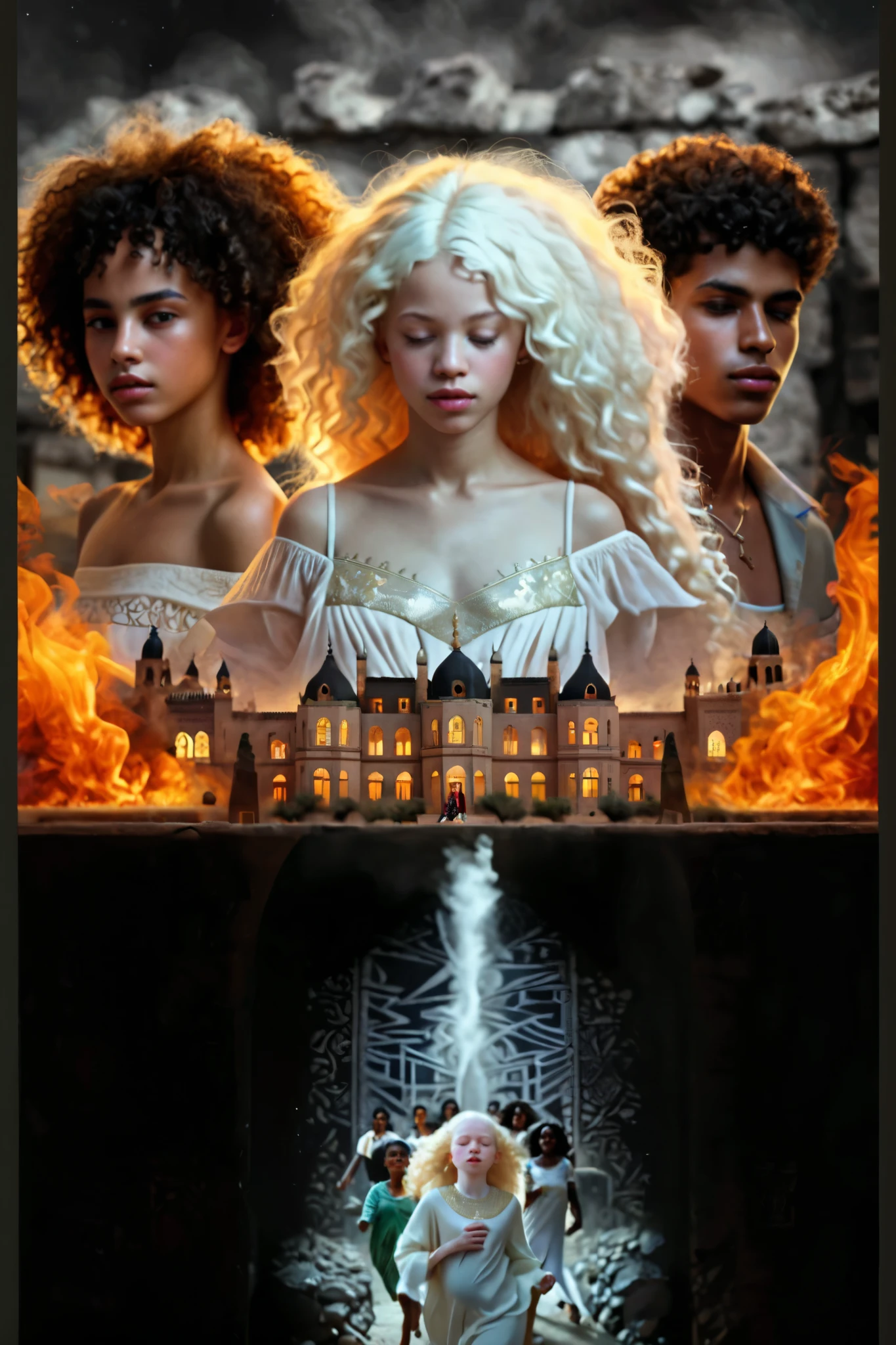 (photorealistic :1.4),  best quality,  Moroccan masterpiece , ultra haute résolution, Young teen, 1 Boy blackskin , 1 girl albinos, 1 girl blackskin, ( detailed face:1.2), ( maternal face :1.2), (  Detailed :1.2), ( detailed clothing :1.2), 4K, male, (Eyes Closed)