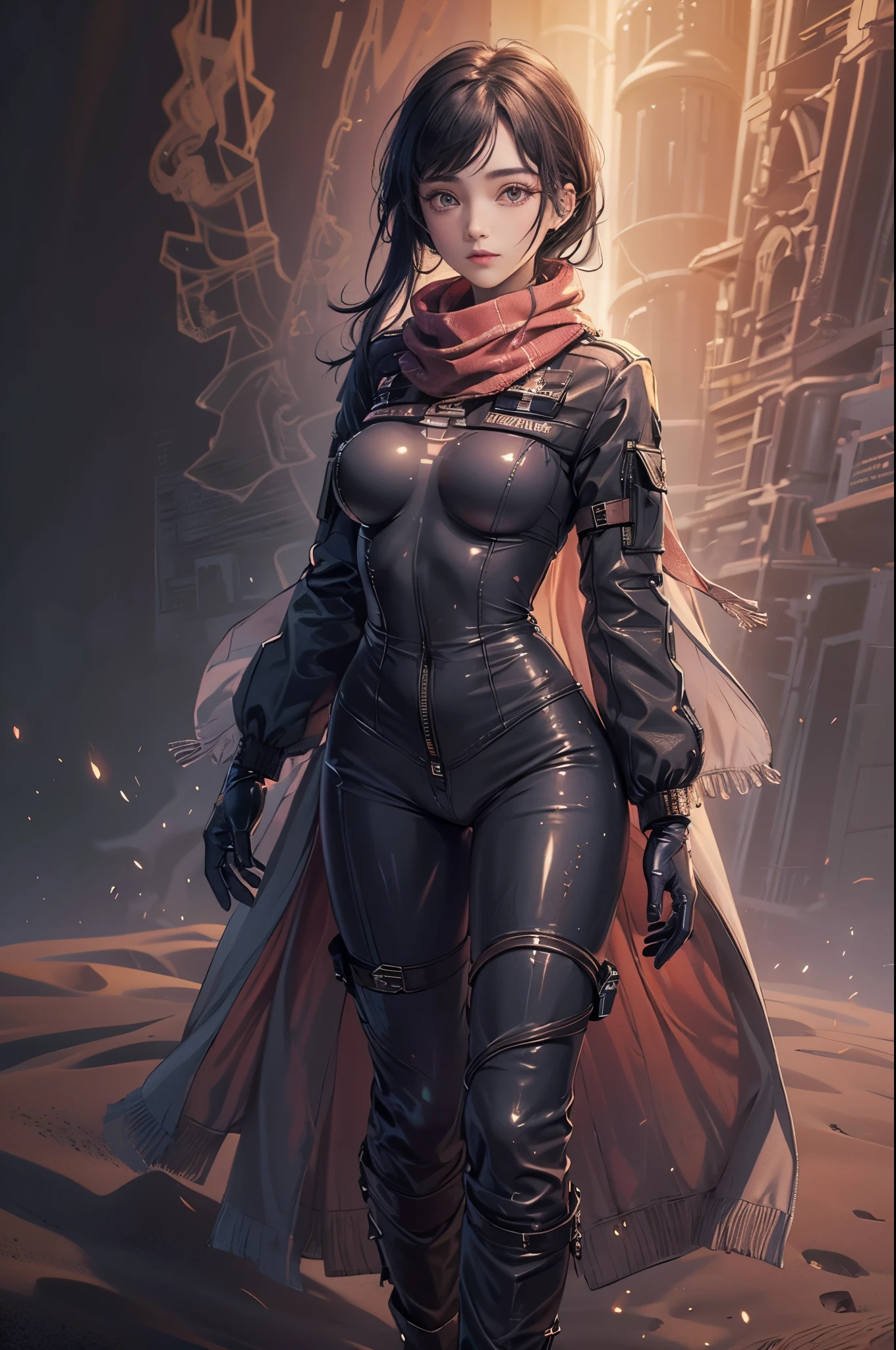 One girl, young girl, curvy, wide hips, dark face, grey eyes, tight bodysuit,((long coat with scarf)), nomad, ((tactical gloves)), glow particles, (desert), ((extremely detailed eyes))