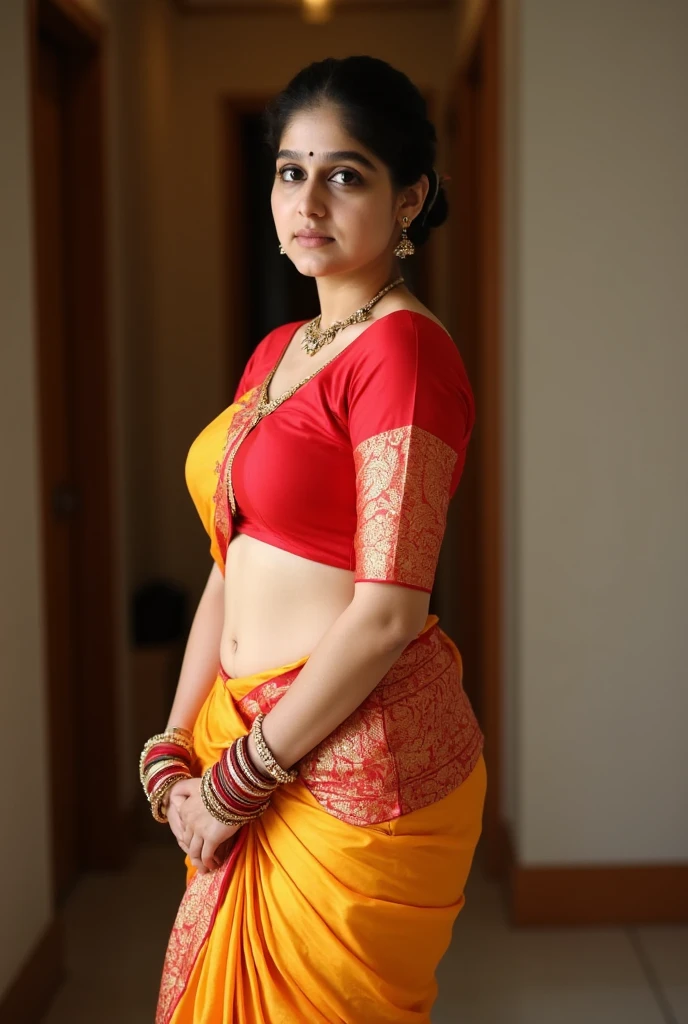   21 year old girl ,fullside view, standing in room, wearing navel chain, sexy blouses,big breasts, different colour sarees, fit and curvy body, sleeveless blouse, costly room, bangles in hand, bindi in forehead, 8k , intricate details big, showing thighs, wearing shorts
