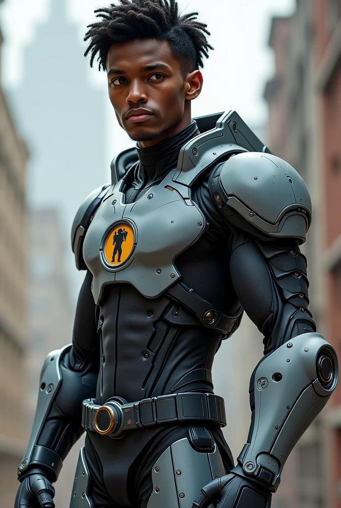 malcolm-x face, datk fantasy, rock-ballads, black man, brown skin, Police Chief, barba curta branca, homem quarenta anos, robotic presence, cybernetic guardian, wearing a black mechanical suit, intrincado, (steel metal [enferrujado]), elegante, Gothic colors, obra-prima, ((rua)), dinamic pose, Medicine symbol on uniform, dark light, horse mounted