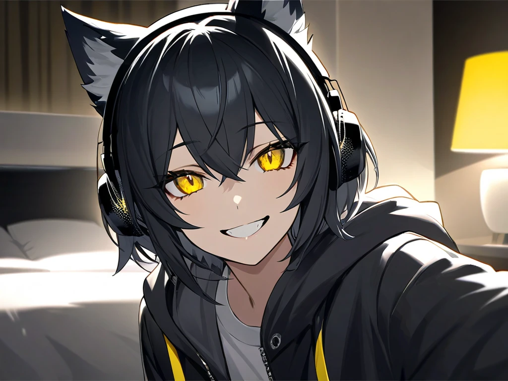 Black hair yellow eyes smile charming eyes nake Blackyellow charming smile whiteroom Scare darktheme hotel way short hairwolf headphone