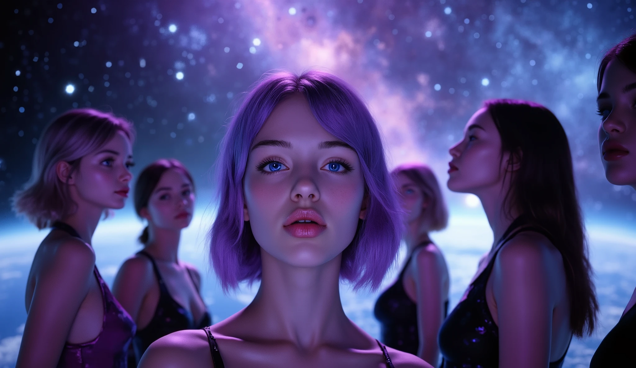 ( highdefinition images、Pro Work 、Artistic、's greatest masterpiece、( realistic 、Realistic))、 Draw Realistically Accurate with Detailed Details 、 Detailed texture :1.2)、( Beautiful in complete darkness 17--old l、Purple hair 、青い地球に照らされている美しい facial hair 、Small chin、 big eyes、 Feeling slightly apart between eyes 、(Blue Eyes、 Blue Earth reflected in big eyes )、Beautiful Nose、Thick and glossy lips、( Express skin texture in detail down to pores )、(( facial hair 、Face sticking out )):1.5)、(( The background is the universe、Milky Way、5 beautiful girls stand side by side:1.5))