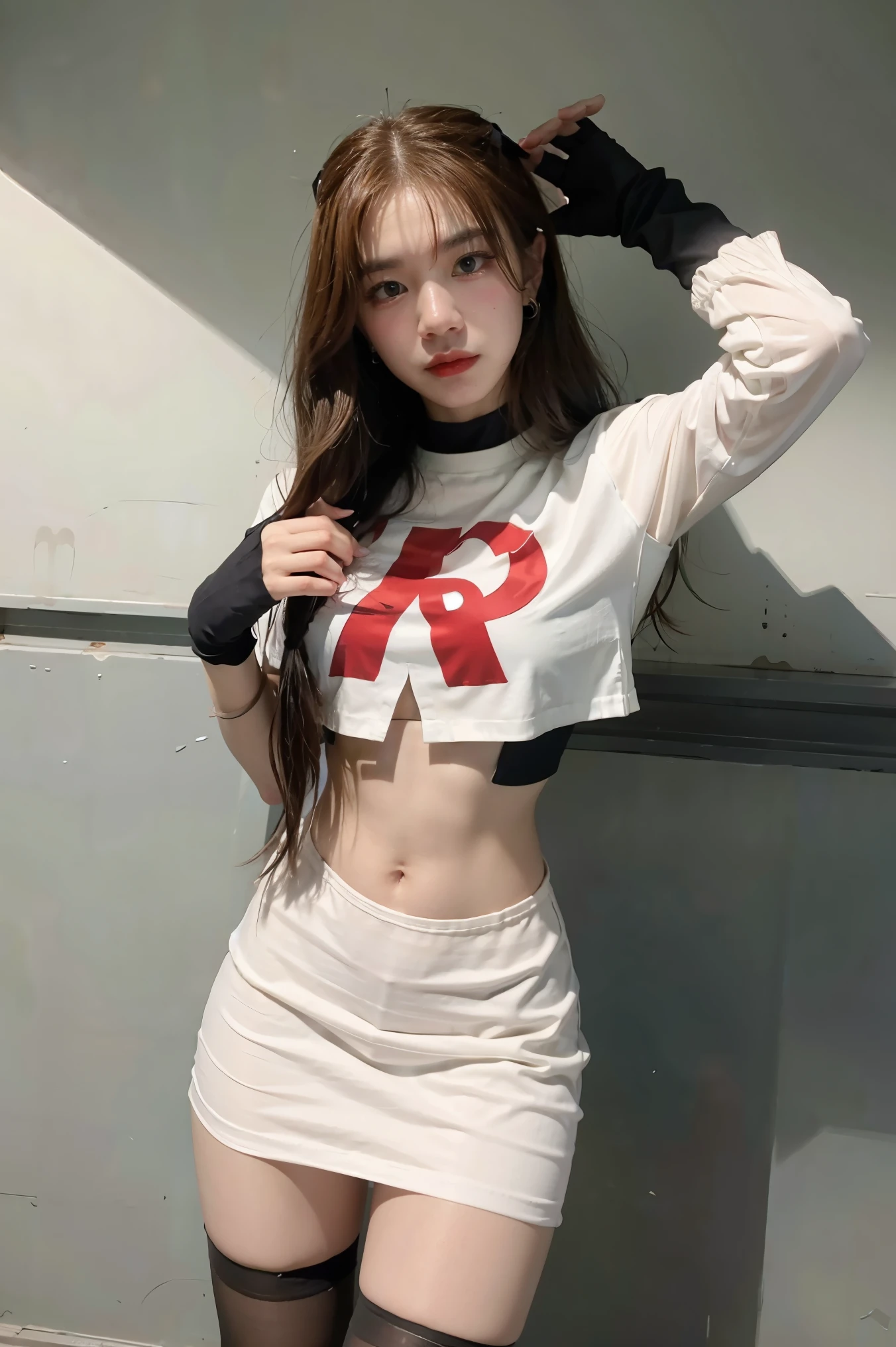 There is a woman posing for a photo with a t-shirt, her navel is exposed, Physicist : the smallest abdomen ever seen, korean girl, the smallest abdomen ever seen, 2 4 year old female model, wearing crop top, navel showing, Instagram Template, Young skinny gravure idol, 18 years
