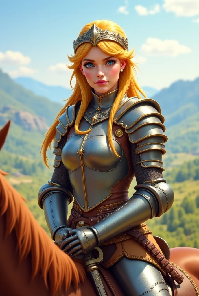 best quality, detailed, 1 girl, young, princess and warrior, leather armour and red lingerie, sword, flower crown, long yellow hair, horse, field, cartoon