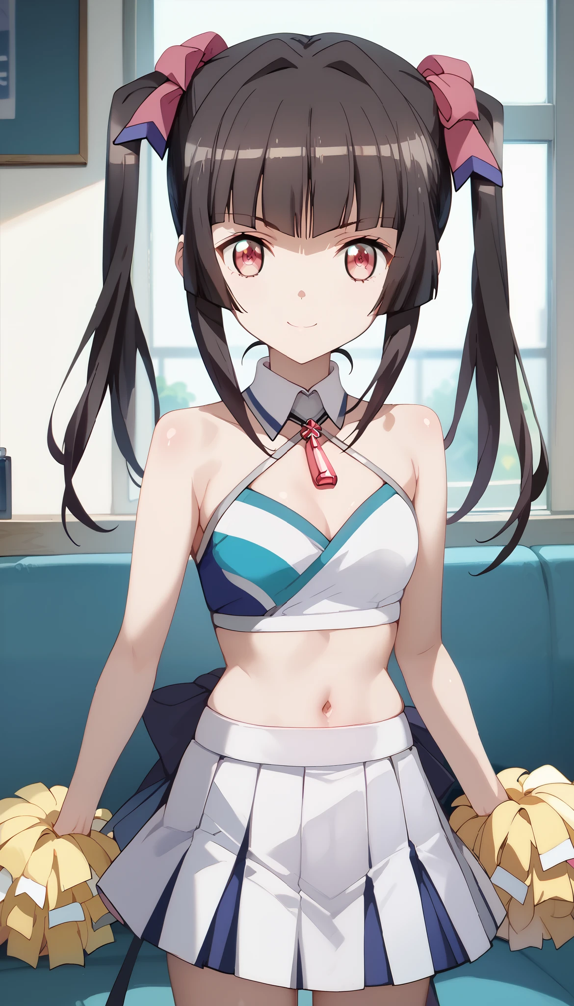 Shirabe Tsukuyomi, twintails, Crimson eyes, black hair, long hair, cheerleader, detached collar, white crop top, two-tone crop top, midriff, criss- cross halter, two-tone skirt, white skirt, miniskirt, pleated skirt、Light smile、Shiny Hair、Tight waist、Small waist、Glowing Skin、eight-headed body、Beauty、