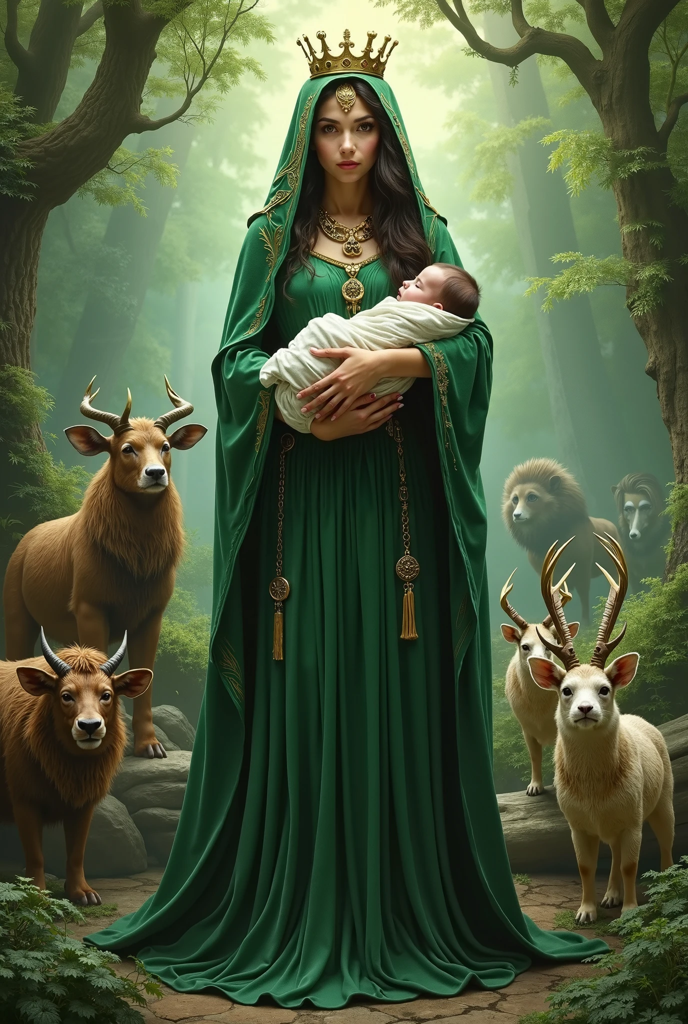 Dark-skinned indigenous baby in a flower cradle in the green forest full of trees surrounded by dark-skinned indigenous people and two spirits of non-human mystical aspects with horns and huge wings 
