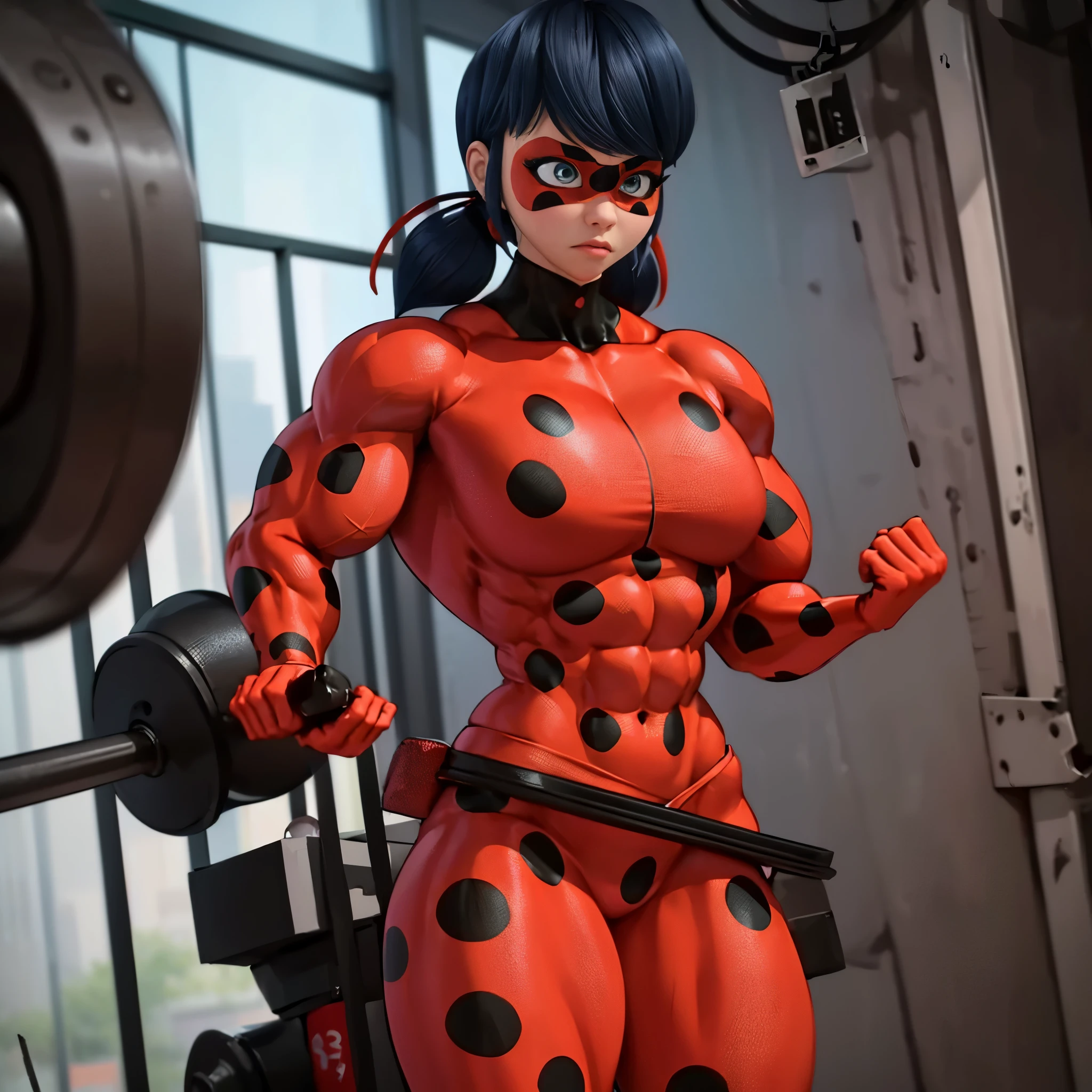 (big muscular female bodybuilder, beautiful detailed eyes, beautiful detailed lips:1.1,strong physique, two short pigtails, a bright red mask with five black spots that are in a symmetrical design around her eyes, a luminous vivid red superhero jumpsuit with a black turtleneck collar and black spots.), lifting weight, muscular arms and legs:1.2, toned abs, powerful expression,sweating:1.1, Dumbell background:0.9, intense focus:1.1, gym:1.1, vibrant colors, dramatic lighting),rippling muscles,sturdy frame,dark tan,fit around the waist,tight abs,strong arms and shoulders,intense expression,determined look,well-defined muscles and veins,straining muscles,artistic pose,steely gaze,side lighting,powerful presence,vivid colors,dynamic composition,studio lighting,physically-based rendering,athletic build,bodybuilding silhouette,professional,gritty texture,bokeh.