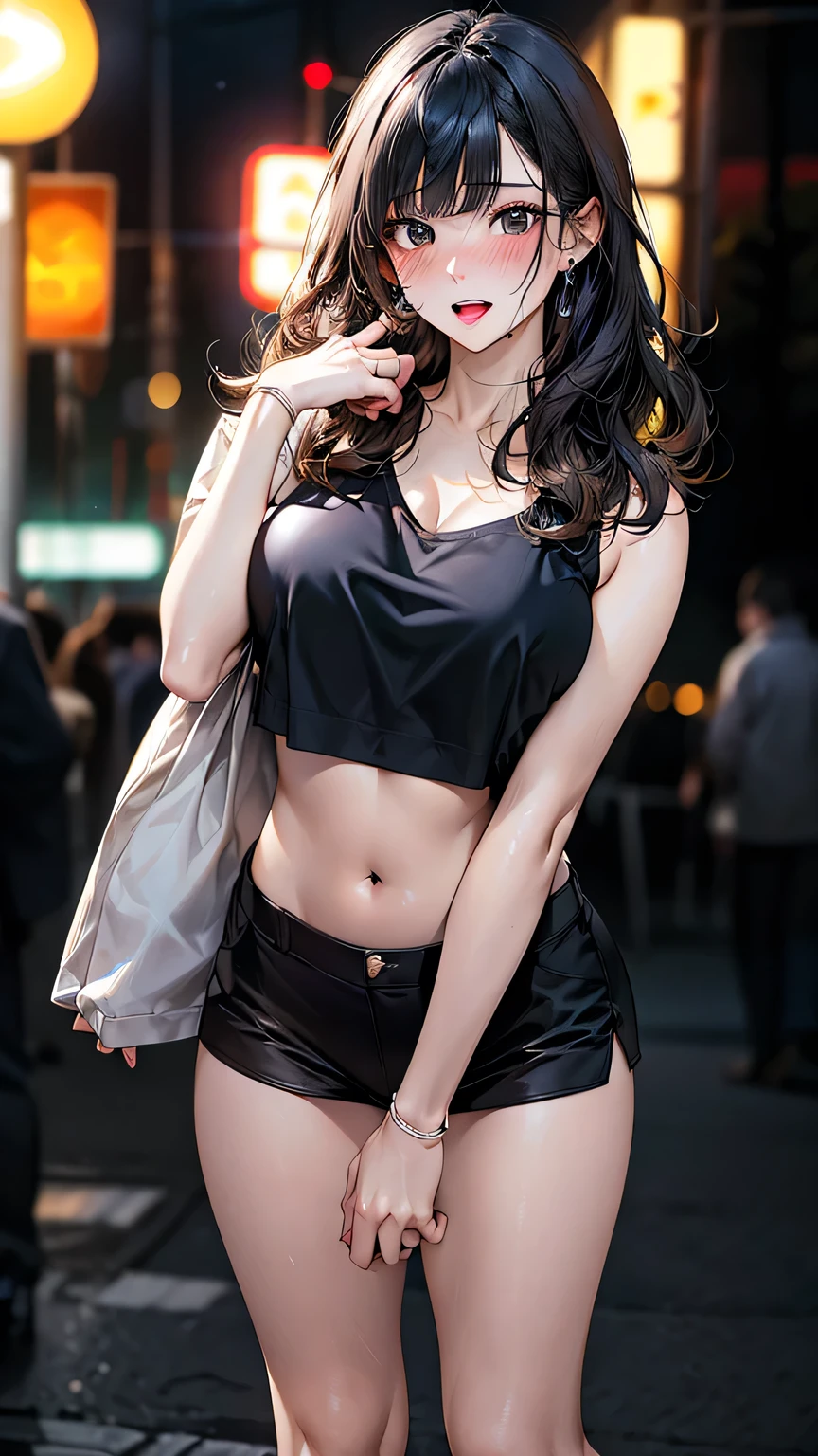 ((realistic illumination,top-quality,8K,tmasterpiece:1.3)),Clear focus:1.2,1个Giant Breast Girl,perfect figure beautiful woman:1.4,Attractive open lip,Toned abs:1.1,((dark brown hair,The large:1.3)),(Acceleration:1.4),(exteriors,the street:1.1),the street,Slender face,Long narrow eyes,二重まぶた,Danfeng Eyes,Incredibly real,messy hair,Floating hair,Black shirt open,White tight bandeau,denim short,Capable,Bee waist,Delicate double long legs,fashion model pose,High boots