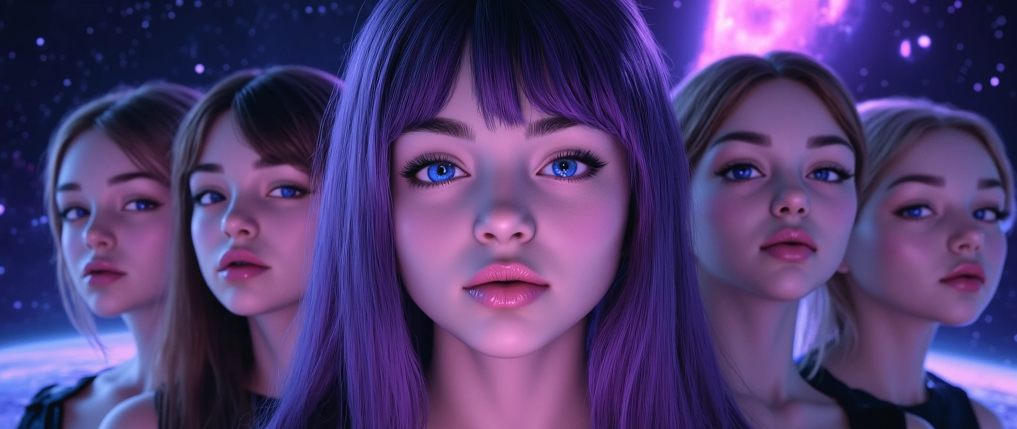 （ highdefinition images、Pro Work 、Artistic、's greatest masterpiece、（ realistic 、Realistic)）、 Draw Realistically Accurate with Detailed Details 、 Detailed texture :1.2）、（ Beautiful in complete darkness １7--old l、Purple hair 、青い地球に照らされている美しい facial hair 、Small chin、 big eyes、 Feeling slightly apart between eyes 、（Blue Eyes、 Blue Earth reflected in big eyes ）、Beautiful Nose、Thick and glossy lips、（ Express skin texture in detail down to pores ）、(( facial hair 、Face sticking out )):1.5）､(( The background is the universe、Milky Way、Five people lined up、A group of 5 beautiful girls who are on good terms:1.5))