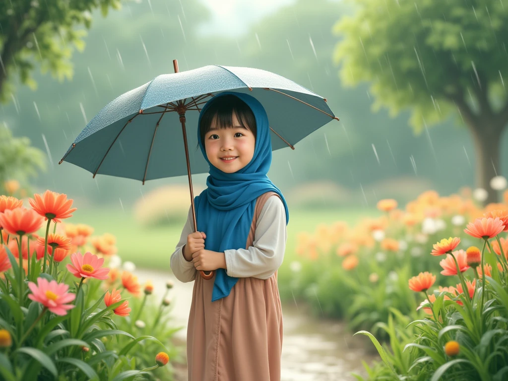 Little baby girl in hijab playing in the rain