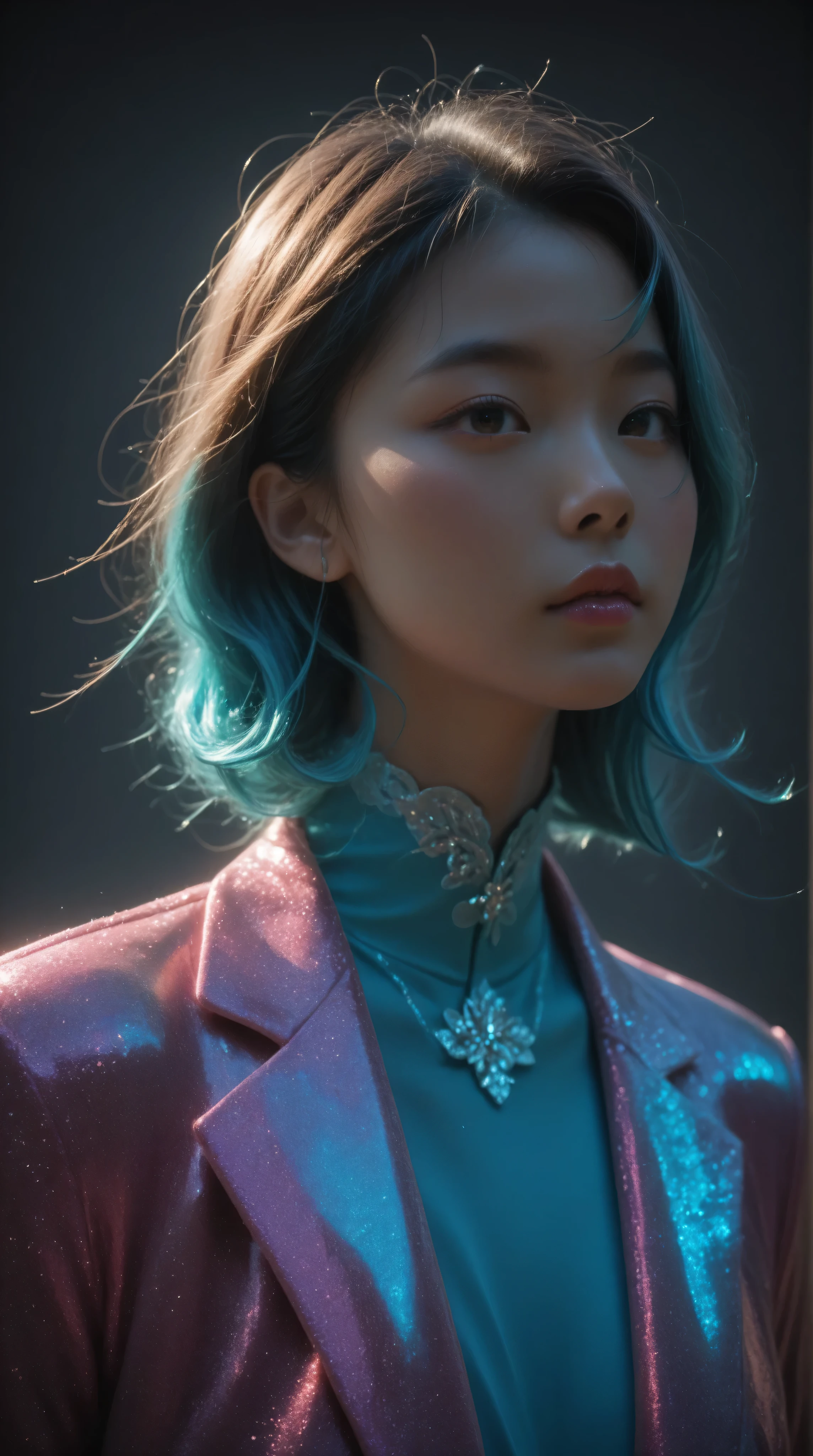 Kizi,Highly detailed, Amazing work,Vitreous luster,((clean backdrop)),In pink,(((blue colors))),green color,red colour,Best quality at best,clean backdrop, asian girl, slender,