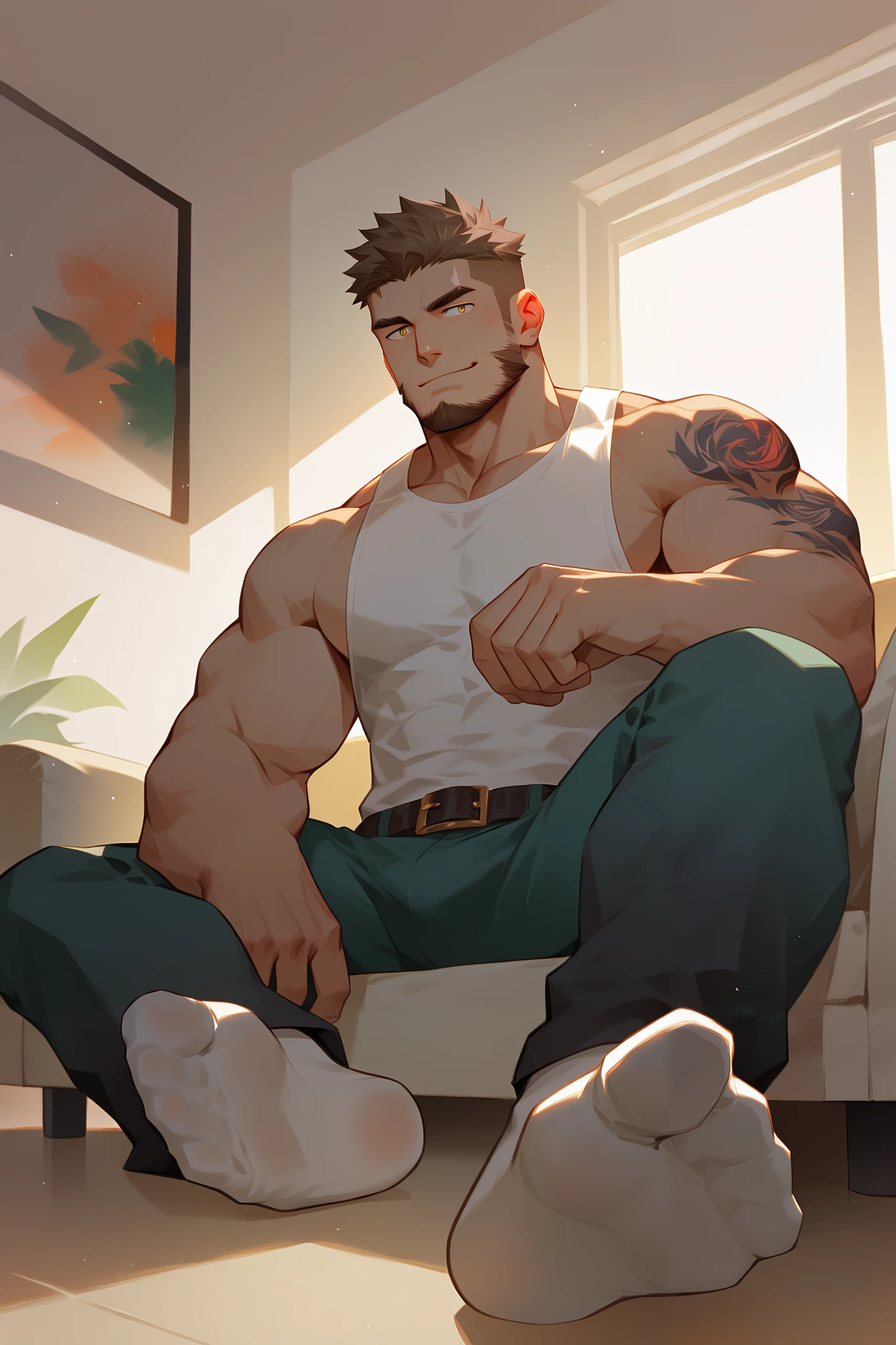 by zelo-lee,male focus,bara,foreshortening,short hair,facial hair,foot focus,undercut,muscular male,muscular,tank top,pectorals,white tank top,pants,green pants,feet,socks,large pectorals,smile,soles,1boy,yellow pants,solo,from below,beard,brown hair,sitting,mature male,indoors,sideburns,bulge,window,goatee,no shoes,belt,sunlight,tattoo,sidepec,couch,best aesthetic,absurdres,year 2023,full body,digital artwork,illustrative,painterly,matte painting,highly detailed