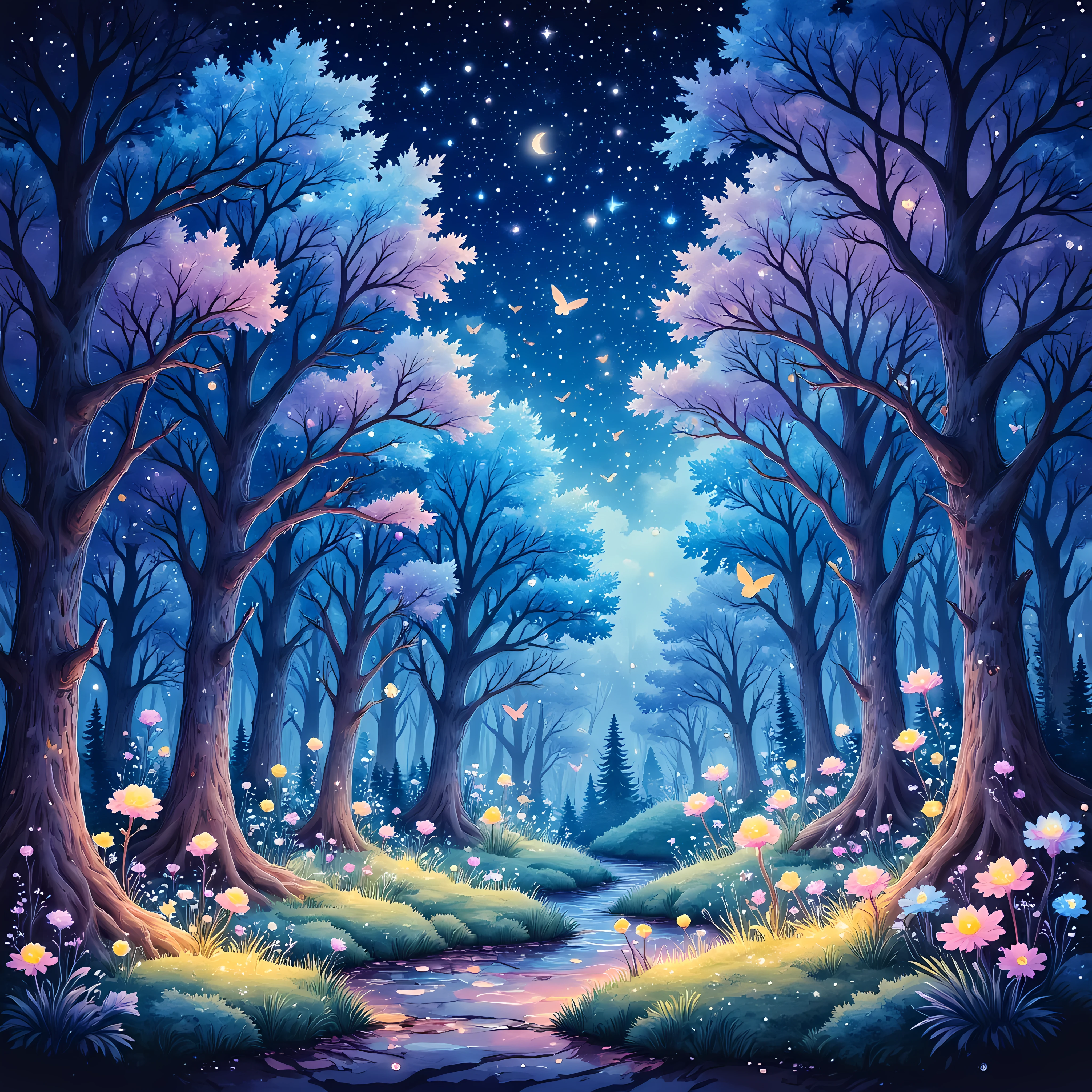 watercolor painting, A fantasy scene of an enchanted forest at night, where the trees are adorned with glowing bioluminescent flowers and creatures, casting a magical light across the forest floor,