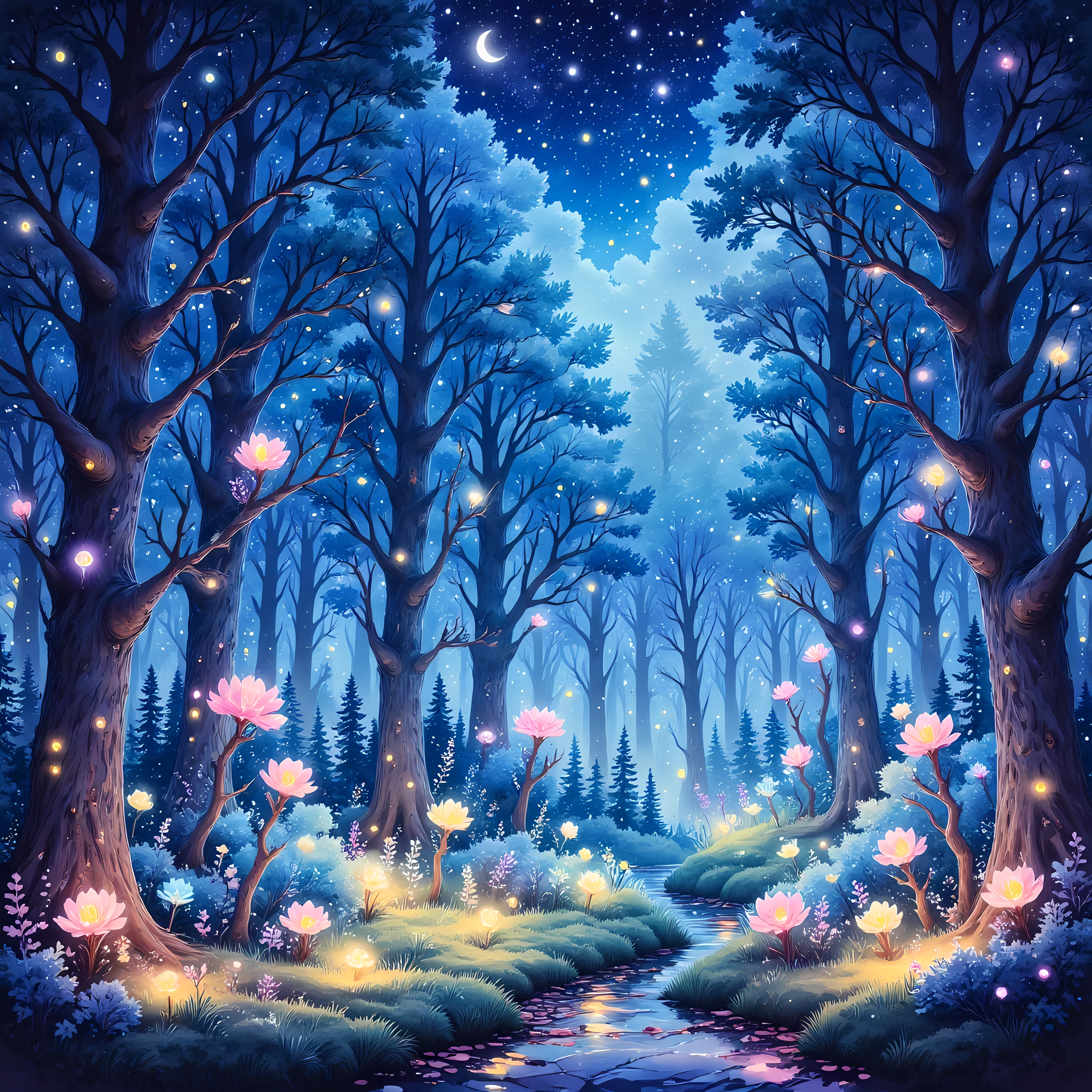 watercolor painting, A fantasy scene of an enchanted forest at night, where the trees are adorned with glowing bioluminescent flowers and creatures, casting a magical light across the forest floor,