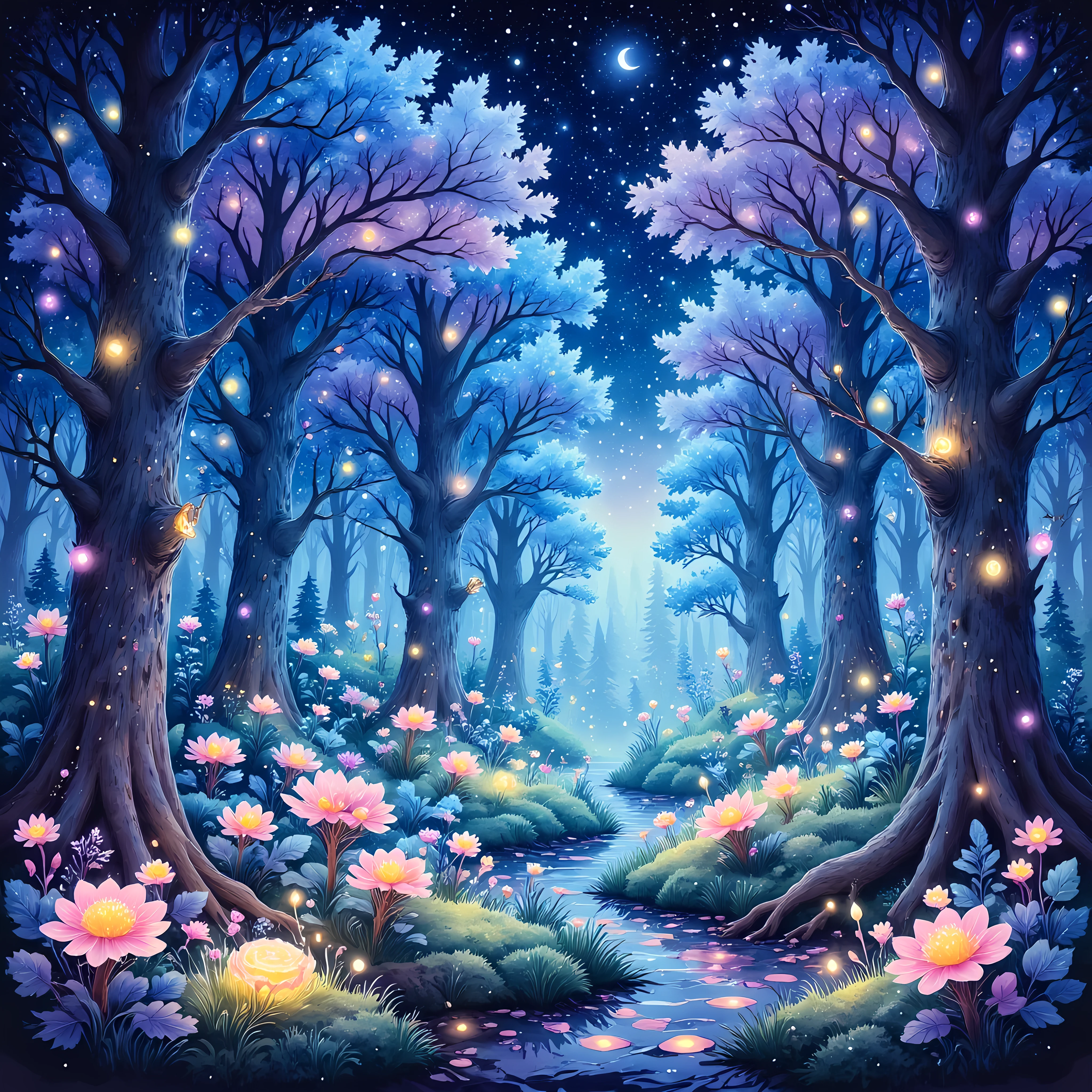 watercolor painting, A fantasy scene of an enchanted forest at night, where the trees are adorned with glowing bioluminescent flowers and creatures, casting a magical light across the forest floor,