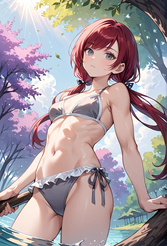 2d, masterpiece, best quality, anime, highly detailed, 1girl, solo, cowboy shot, nakano nino, pink hair, butterfly hair ornament, ((pink bikini)), medium breasts, standing, school, outdoors, seductive smile