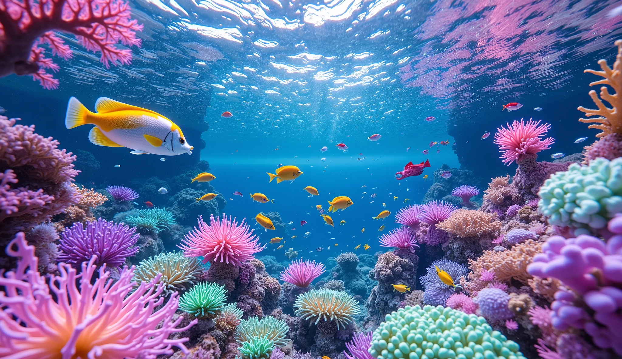 (In the water), Undersea heaven ,((Multiple fluorescent green table corals )),(( detailed colorful purple and blue and green coral reefs in the center)),Realistic Expression , shot with a fisheye lens  ,((Multiple fluorescent green corals )), (( filled with 10,000 natural coral groups with lots of colorful colors)), (( lots of green and blue soft corals that emit fluorescent colors )), crystal clear water, , strong sunshine ,Vast coral reefs ,Detailed seaweed ,( lots of colorful tropical fish),( myriad cobalt sparrows ), large blue tropical fish , spiny butterflyfish ,Hanadai-hsien, golden butterflies .Scallops , myriad cobalt sparrows , seahorses, lots of psychedelic starfish on the seabed , life,  lively colors, Serene atmosphere, Quiet, Swaying seaweed ,  array of vibrant colors ) , ( best quality , High Resolution :1.2), (In the water photography), ( lively), (  soft diffused lighting  ), an orchestra of highly colored coral groups , Vast Seas ,