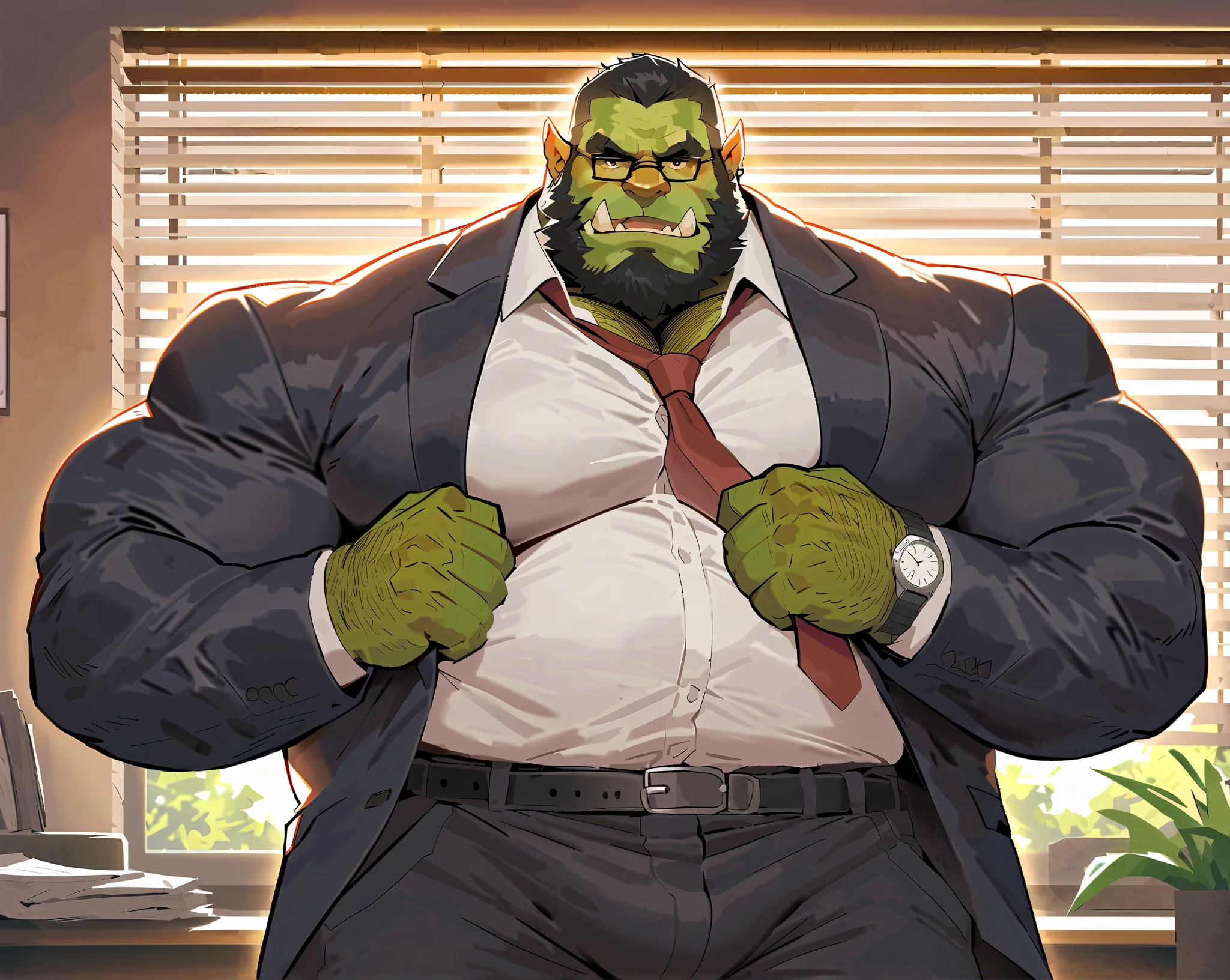 Green skinned bara orc, strong physique, very muscular with a belly, belly, alpha male, perfect anatomy, strong square jaw, masterpiece, black bushy beard, black eyes, thick black frame square glasses, lustful eyes looking at viewer, strong jaw, giant biceps, long sleeve white dress shirt, oversized loose fitting button shirt, military orc daddy, small belly, no six pack muscles, solo, in oversized office slacks, fully clothed, wide leather belt, red tie, oversized suit jacket, oversized fitting black suit, oversized suit jacket, watch on wrist, big muscle ass, great indoor lighting, hairy, king Orc, very manly, boss at work theme, office background, sun shining in from the office window blinds, playful expression, professional