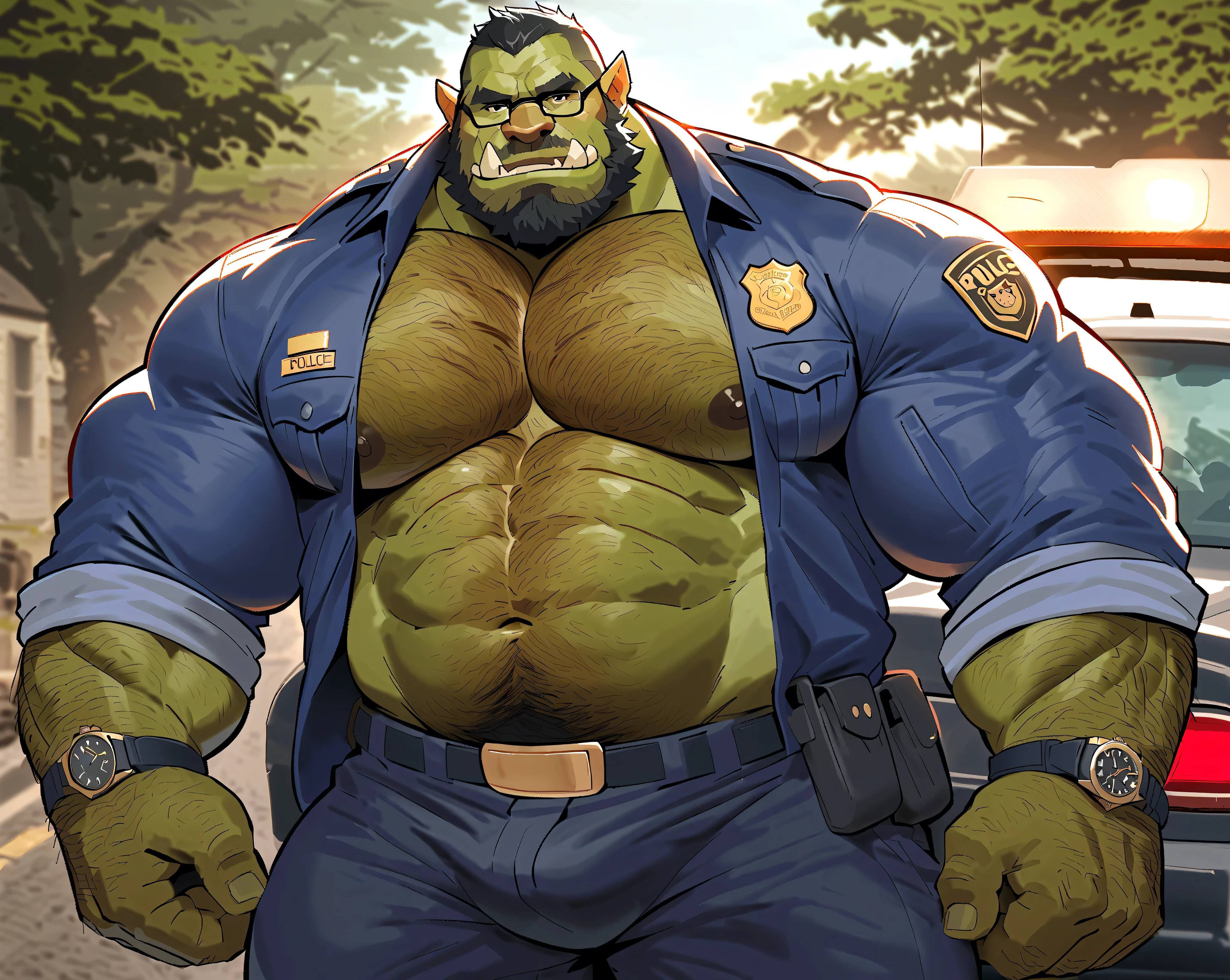 Green skinned bara orc, strong physique, very muscular with a belly, belly, alpha male, perfect anatomy, strong square jaw, masterpiece, black bushy beard, black eyes, thick black frame square glasses, lustful eyes looking at viewer, strong jaw, giant biceps, bare chested, long sleeve white dress shirt unbuttoned, loose fitting unbuttoned shirt, hairy pectorals, hairy chest, military orc daddy, small belly, no six pack muscles, solo, oversized police uniform, XXXXL police uniform, broad waistband, thick wide leather belt, watch on wrist, big muscle ass, hairy, king Orc, very manly, police officer theme, pulled over by police background, serious expression, grabbing crotch bulge with hand, standing beside car, outside, 