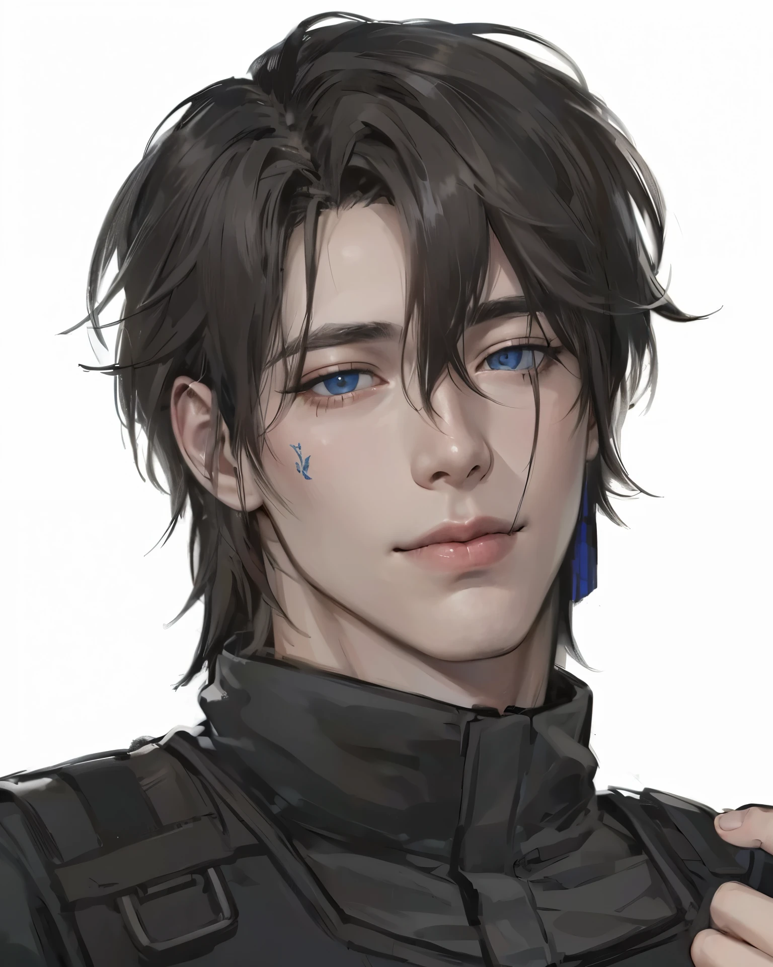 Create a white-haired young man, blue eyes, neck tattoo , toned and quite beautiful body.