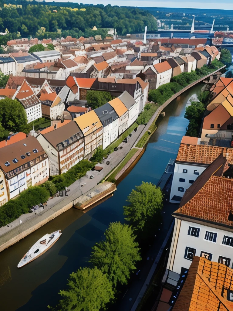 arafed view of a river running through a city with a bridge, nuremberg, germany. wide shot, building along a river, european river, germany, medieval cities, realistic photo of a town, seen from above, white buildings with red roofs, by Werner Gutzeit, view from above, arial shot, all buildings on bridge, by Robert Zünd