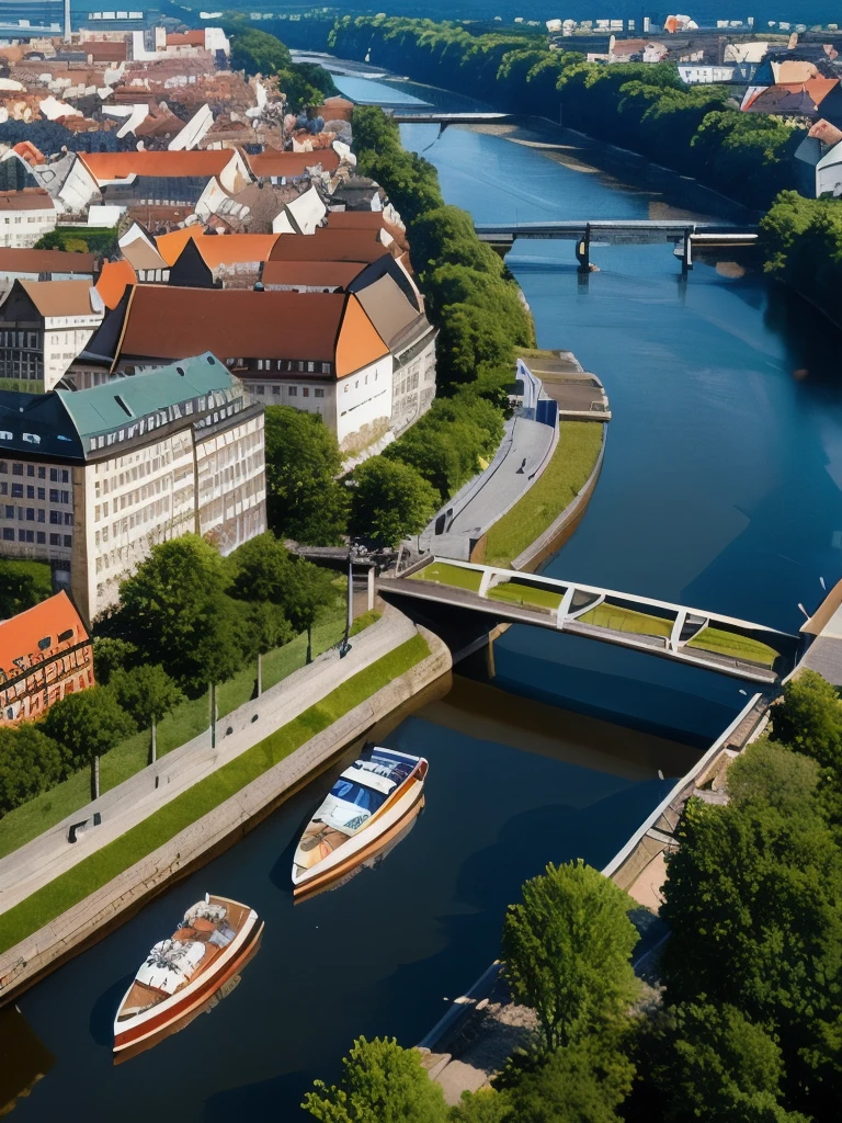 arafed view of a river running through a city with a bridge, nuremberg, germany. wide shot, building along a river, european river, germany, medieval cities, realistic photo of a town, seen from above, white buildings with red roofs, by Werner Gutzeit, view from above, arial shot, all buildings on bridge, by Robert Zünd