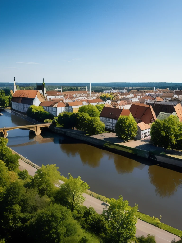 arafed view of a river running through a city with a bridge, nuremberg, germany. wide shot, building along a river, european river, germany, medieval cities, realistic photo of a town, seen from above, white buildings with red roofs, by Werner Gutzeit, view from above, arial shot, all buildings on bridge, by Robert Zünd