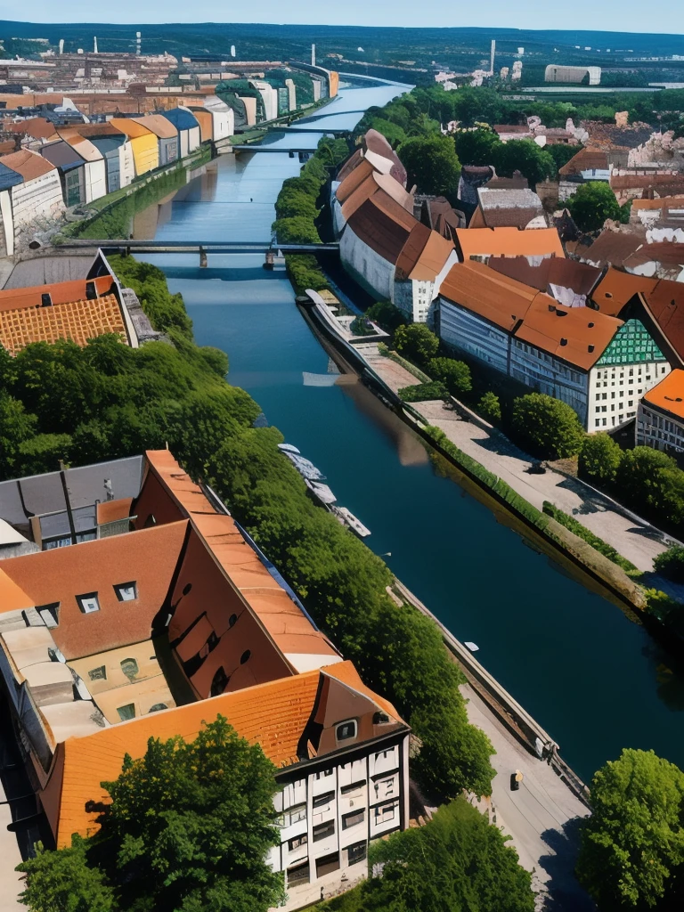 arafed view of a river running through a city with a bridge, nuremberg, germany. wide shot, building along a river, european river, germany, medieval cities, realistic photo of a town, seen from above, white buildings with red roofs, by Werner Gutzeit, view from above, arial shot, all buildings on bridge, by Robert Zünd