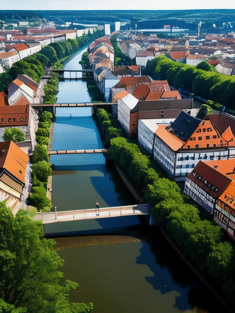 arafed view of a river running through a city with a bridge, nuremberg, germany. wide shot, building along a river, european river, germany, medieval cities, realistic photo of a town, seen from above, white buildings with red roofs, by Werner Gutzeit, view from above, arial shot, all buildings on bridge, by Robert Zünd