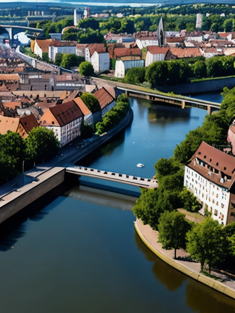 arafed view of a river running through a city with a bridge, nuremberg, germany. wide shot, building along a river, european river, germany, medieval cities, realistic photo of a town, seen from above, white buildings with red roofs, by Werner Gutzeit, view from above, arial shot, all buildings on bridge, by Robert Zünd