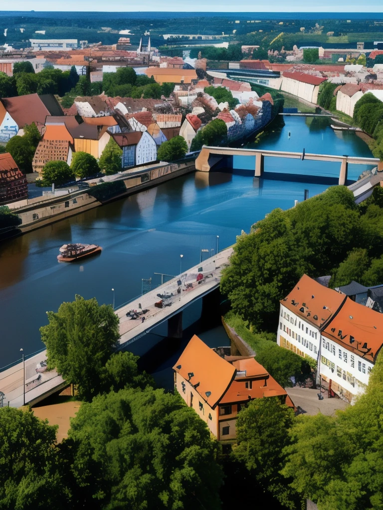 arafed view of a river running through a city with a bridge, nuremberg, germany. wide shot, building along a river, european river, germany, medieval cities, realistic photo of a town, seen from above, white buildings with red roofs, by Werner Gutzeit, view from above, arial shot, all buildings on bridge, by Robert Zünd
