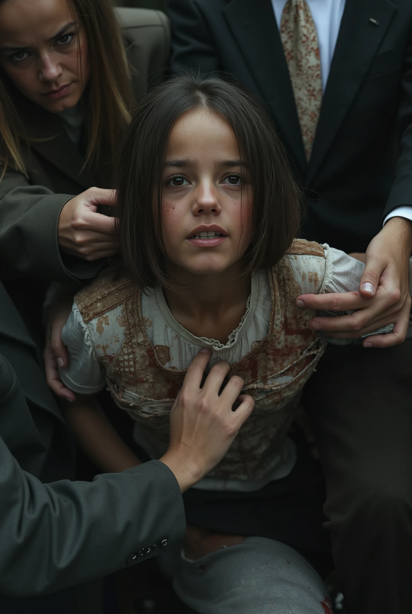school girl mini skirt look to the cam a malnourished young girl, emaciated body, cowering in fear, torn and disheveled clothes, surrounded by abusive men restraining her, hands tied, the battle bloody, cinematic lighting, dramatic shadows, muted colors, gritty, photorealistic, highly detailed, masterpiece
