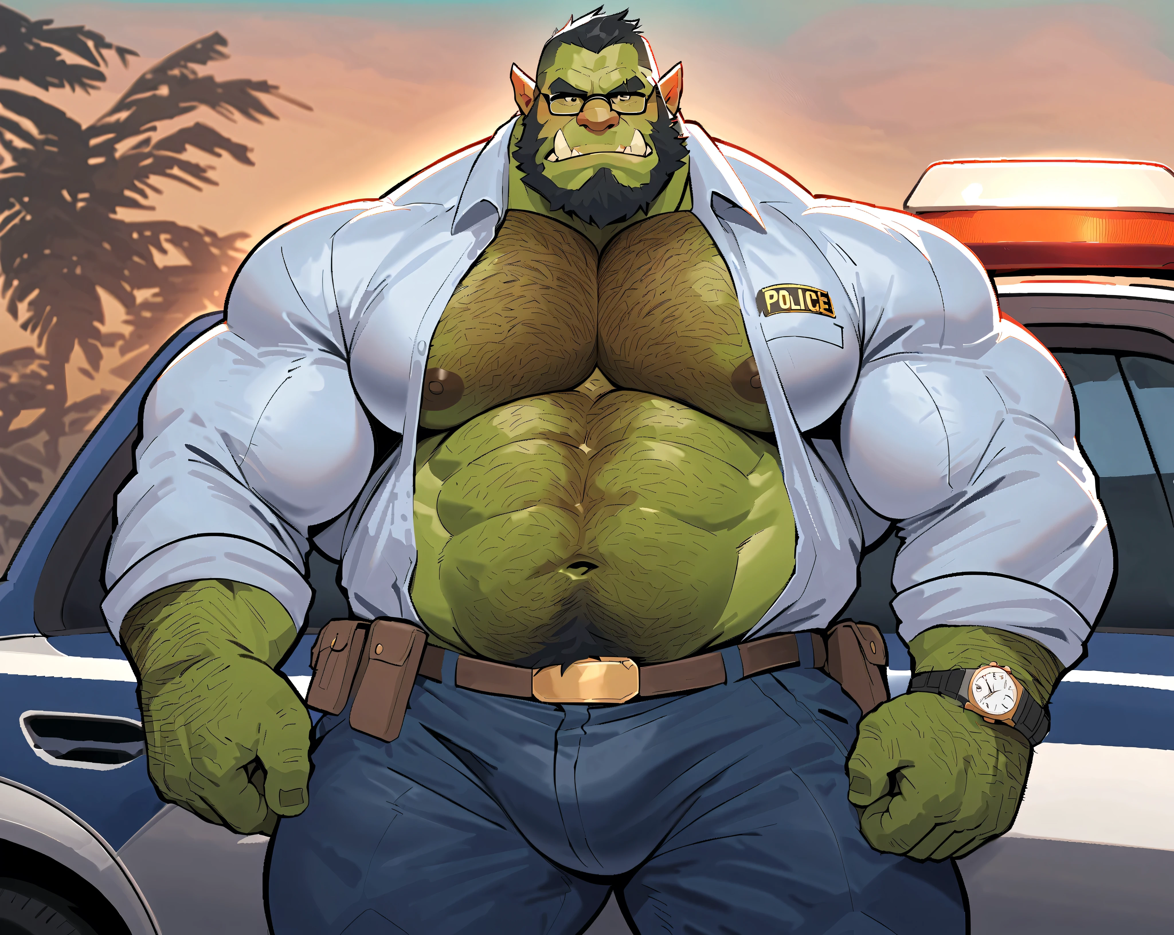 Green skinned bara orc, strong physique, very muscular with a belly, belly, alpha male, perfect anatomy, strong square jaw, masterpiece, black bushy beard, black eyes, thick black frame square glasses, lustful eyes looking at viewer, strong jaw, giant biceps, bare chested, long sleeve white dress shirt unbuttoned, loose fitting unbuttoned shirt, hairy pectorals, hairy chest, military orc daddy, small belly, no six pack muscles, solo, oversized police uniform, XXXXL police uniform, broad waistband, thick wide leather belt, watch on wrist, big muscle ass, hairy, king Orc, very manly, police officer theme, pulled over by police background, serious expression, grabbing crotch bulge with hand, standing beside car, outside,