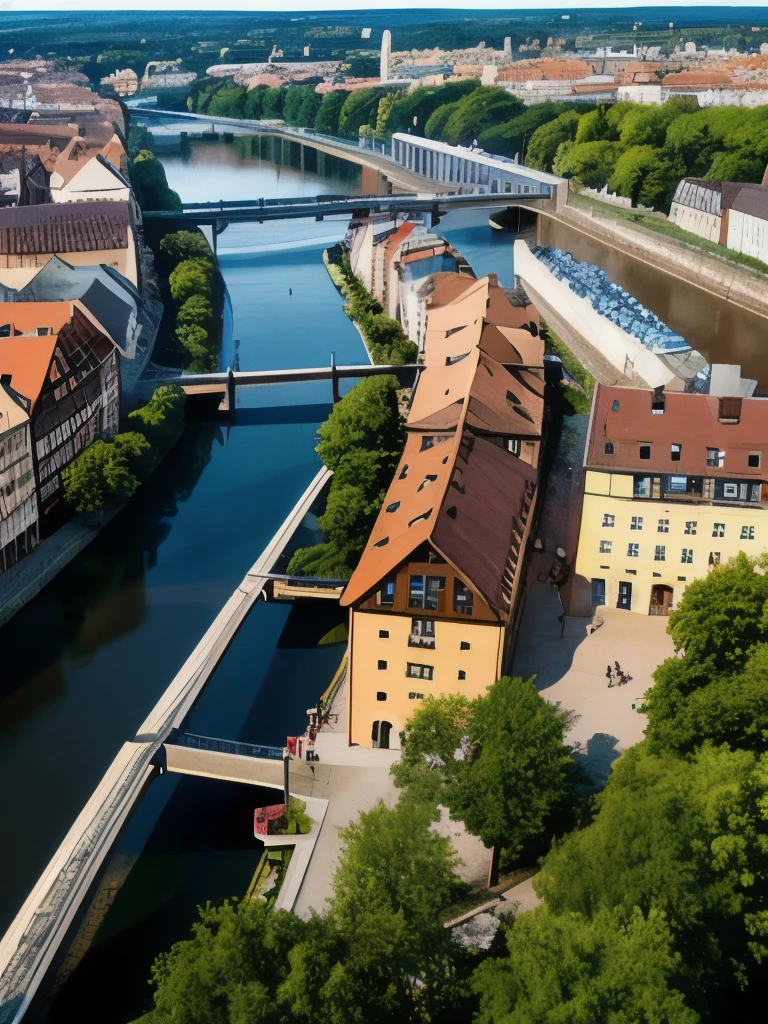 arafed view of a river running through a city with a bridge, nuremberg, germany. wide shot, building along a river, european river, germany, medieval cities, realistic photo of a town, seen from above, white buildings with red roofs, by Werner Gutzeit, view from above, arial shot, all buildings on bridge, by Robert Zünd